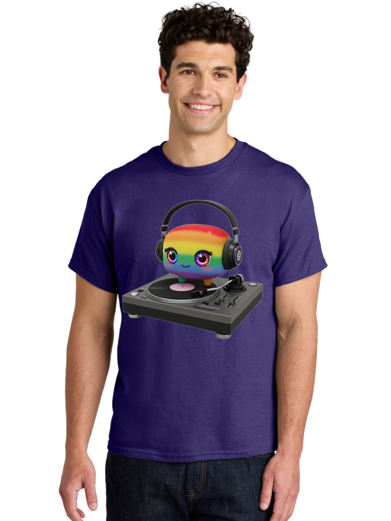 Rainbow-Kawaii-Dj Men'S Graphic Tee, 100% Cotton, Comfortable Casual Summer Wear, Machine Washable, Rainbow-Colored Emoji, Djing With Headphones, Vinyl Record Player, Music Production, Colorful Character, Playful Illustration, 3D Art, Bad469