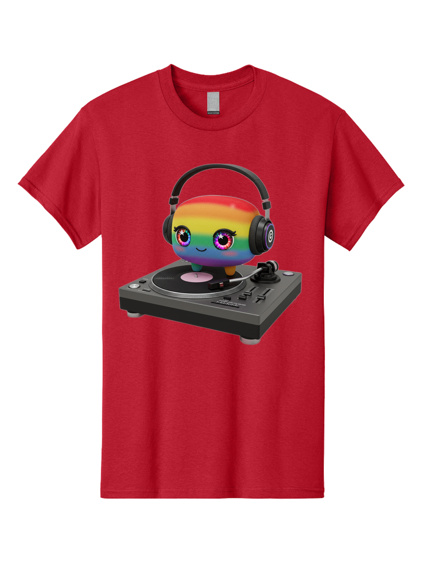 Rainbow-Kawaii-Dj Men'S Graphic Tee, 100% Cotton, Comfortable Casual Summer Wear, Machine Washable, Rainbow-Colored Emoji, Djing With Headphones, Vinyl Record Player, Music Production, Colorful Character, Playful Illustration, 3D Art, Bad469
