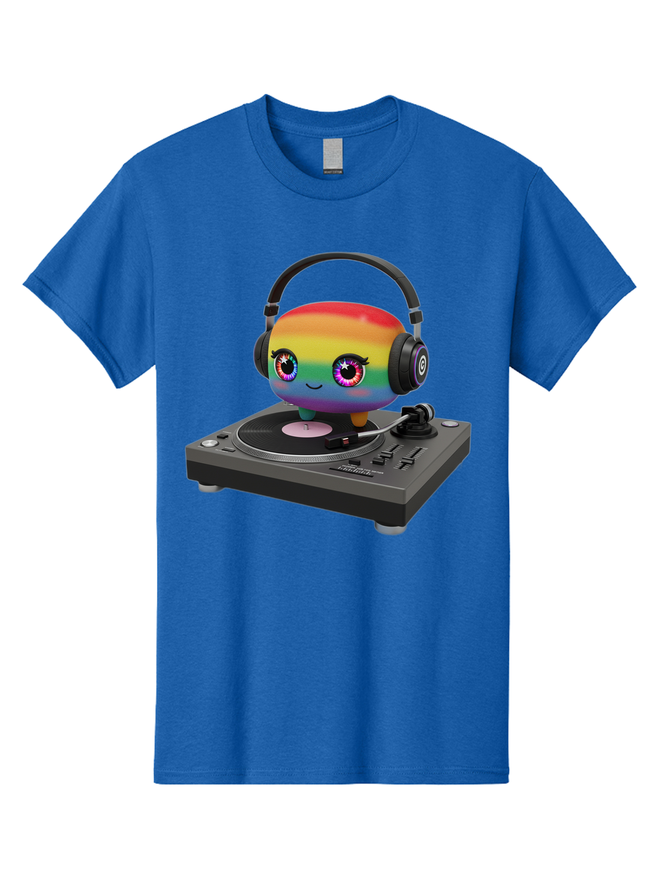 Rainbow-Kawaii-Dj Men'S Graphic Tee, 100% Cotton, Comfortable Casual Summer Wear, Machine Washable, Rainbow-Colored Emoji, Djing With Headphones, Vinyl Record Player, Music Production, Colorful Character, Playful Illustration, 3D Art, Bad469