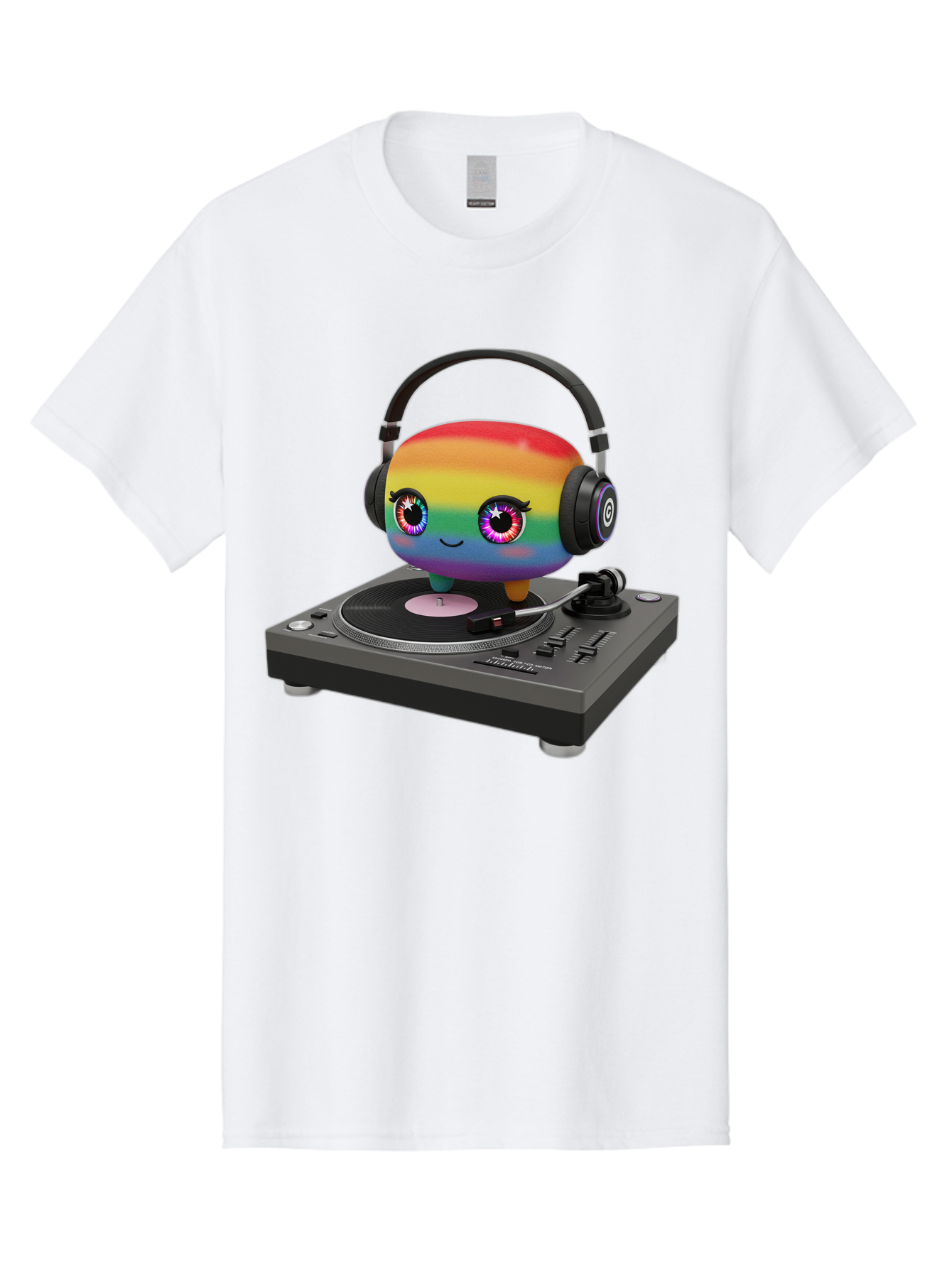 Rainbow-Kawaii-Dj Men'S Graphic Tee, 100% Cotton, Comfortable Casual Summer Wear, Machine Washable, Rainbow-Colored Emoji, Djing With Headphones, Vinyl Record Player, Music Production, Colorful Character, Playful Illustration, 3D Art, Bad469