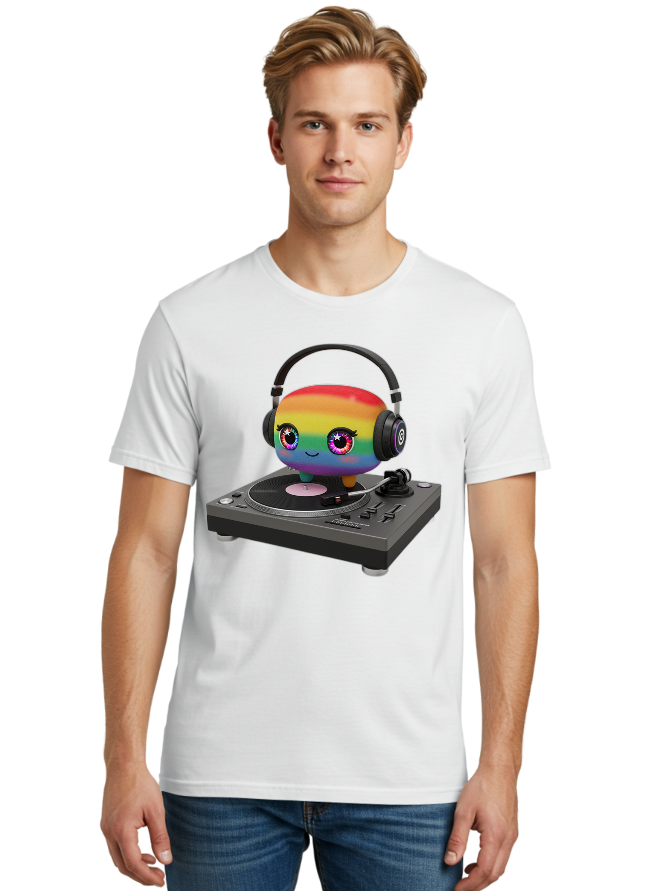 Rainbow-Kawaii-Dj Men'S Graphic Tee, 100% Cotton, Comfortable Casual Summer Wear, Machine Washable, Rainbow-Colored Emoji, Djing With Headphones, Vinyl Record Player, Music Production, Colorful Character, Playful Illustration, 3D Art, Bad469