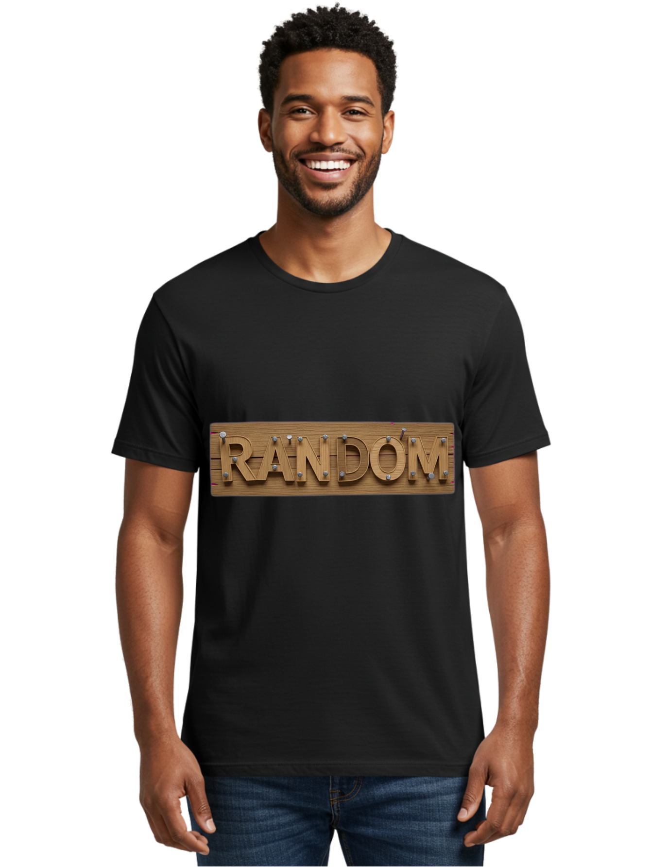 Random Men'S Graphic Tee, 100% Cotton, Comfortable Casual Summer Wear, Machine Washable, Wooden Sign, 3D Text, Random Word, Abstract Concept, Creative Design, Modern Art, Unusual Typography, Wooden Texture, Metal Bolts Bad470