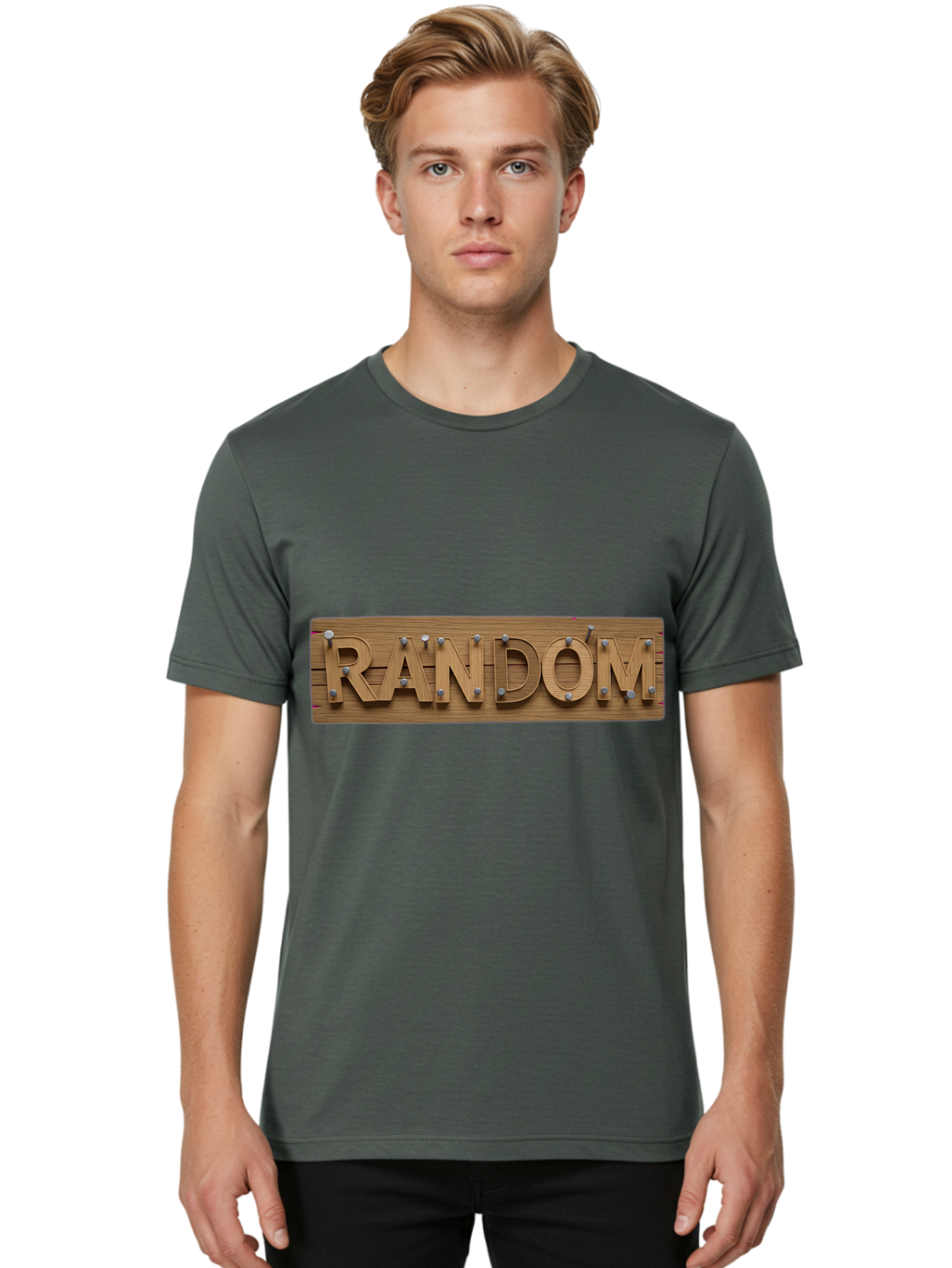 Random Men'S Graphic Tee, 100% Cotton, Comfortable Casual Summer Wear, Machine Washable, Wooden Sign, 3D Text, Random Word, Abstract Concept, Creative Design, Modern Art, Unusual Typography, Wooden Texture, Metal Bolts Bad470