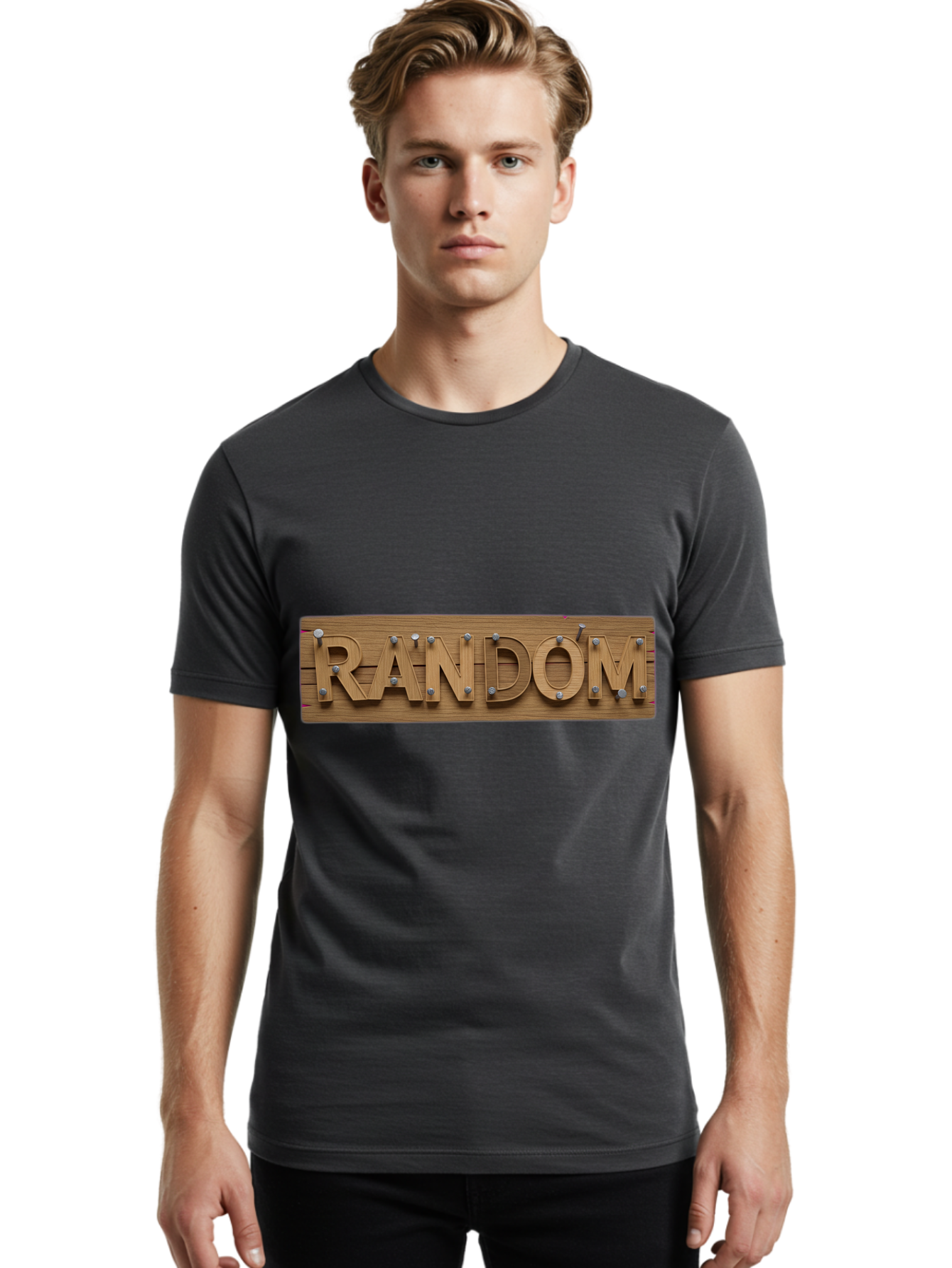 Random Men'S Graphic Tee, 100% Cotton, Comfortable Casual Summer Wear, Machine Washable, Wooden Sign, 3D Text, Random Word, Abstract Concept, Creative Design, Modern Art, Unusual Typography, Wooden Texture, Metal Bolts Bad470