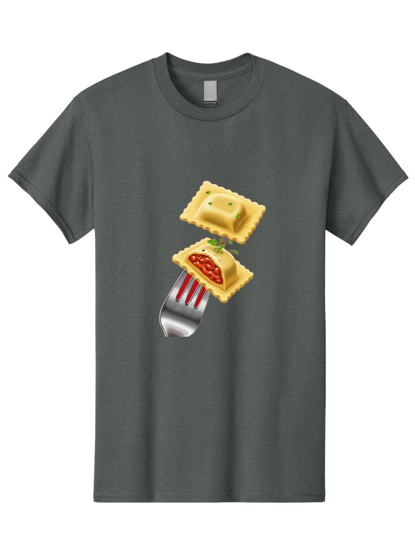 Ravioli Men'S Graphic Tee, 100% Cotton, Comfortable Casual Summer Wear, Machine Washable, Ravioli On Fork, Pasta Dish, Italian Cuisine, Stuffed Pasta, Red Sauce, Green Herbs, Culinary Art, Food Illustration, Gourmet Meal Bad472