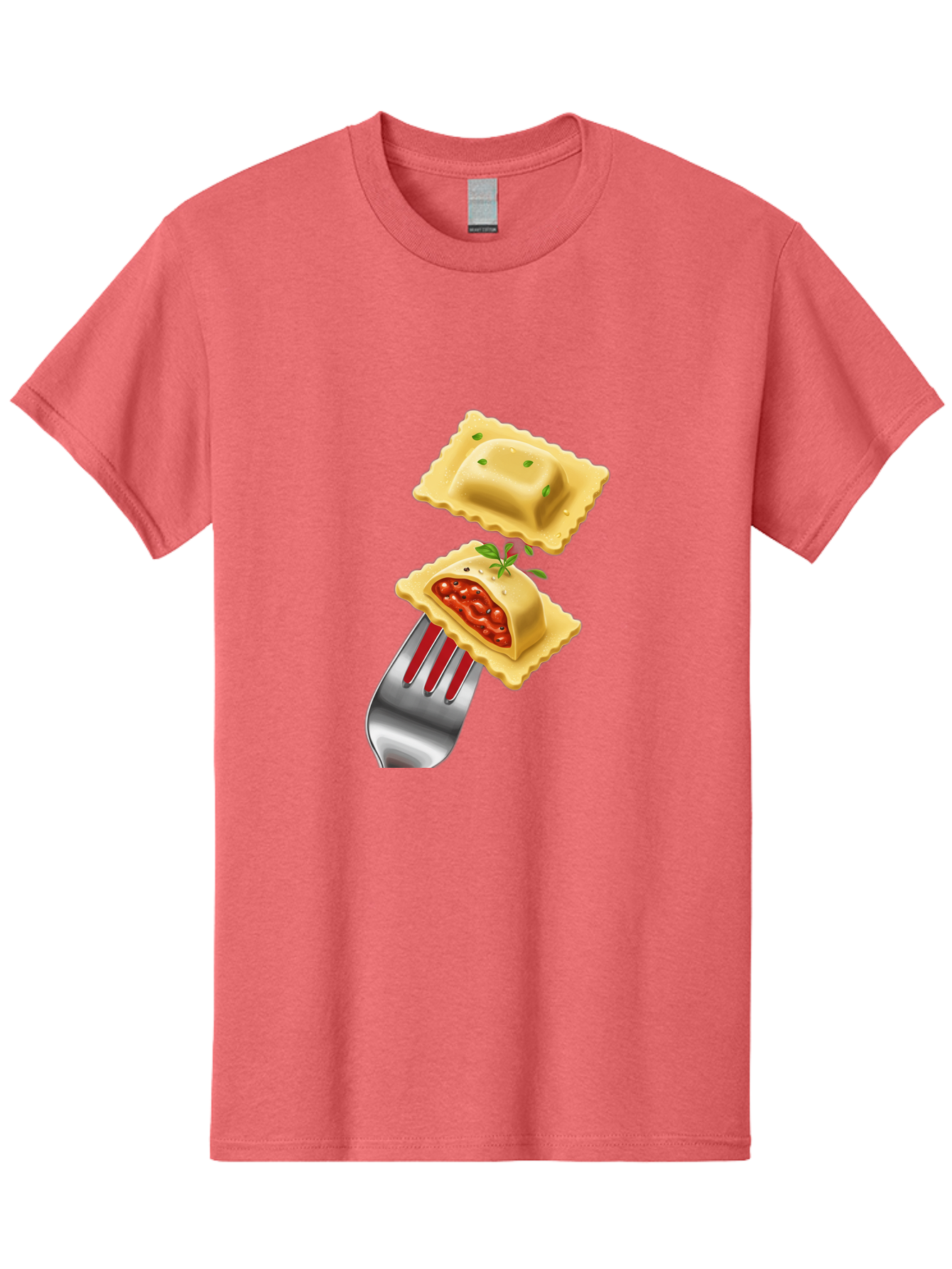 Ravioli Men'S Graphic Tee, 100% Cotton, Comfortable Casual Summer Wear, Machine Washable, Ravioli On Fork, Pasta Dish, Italian Cuisine, Stuffed Pasta, Red Sauce, Green Herbs, Culinary Art, Food Illustration, Gourmet Meal Bad472