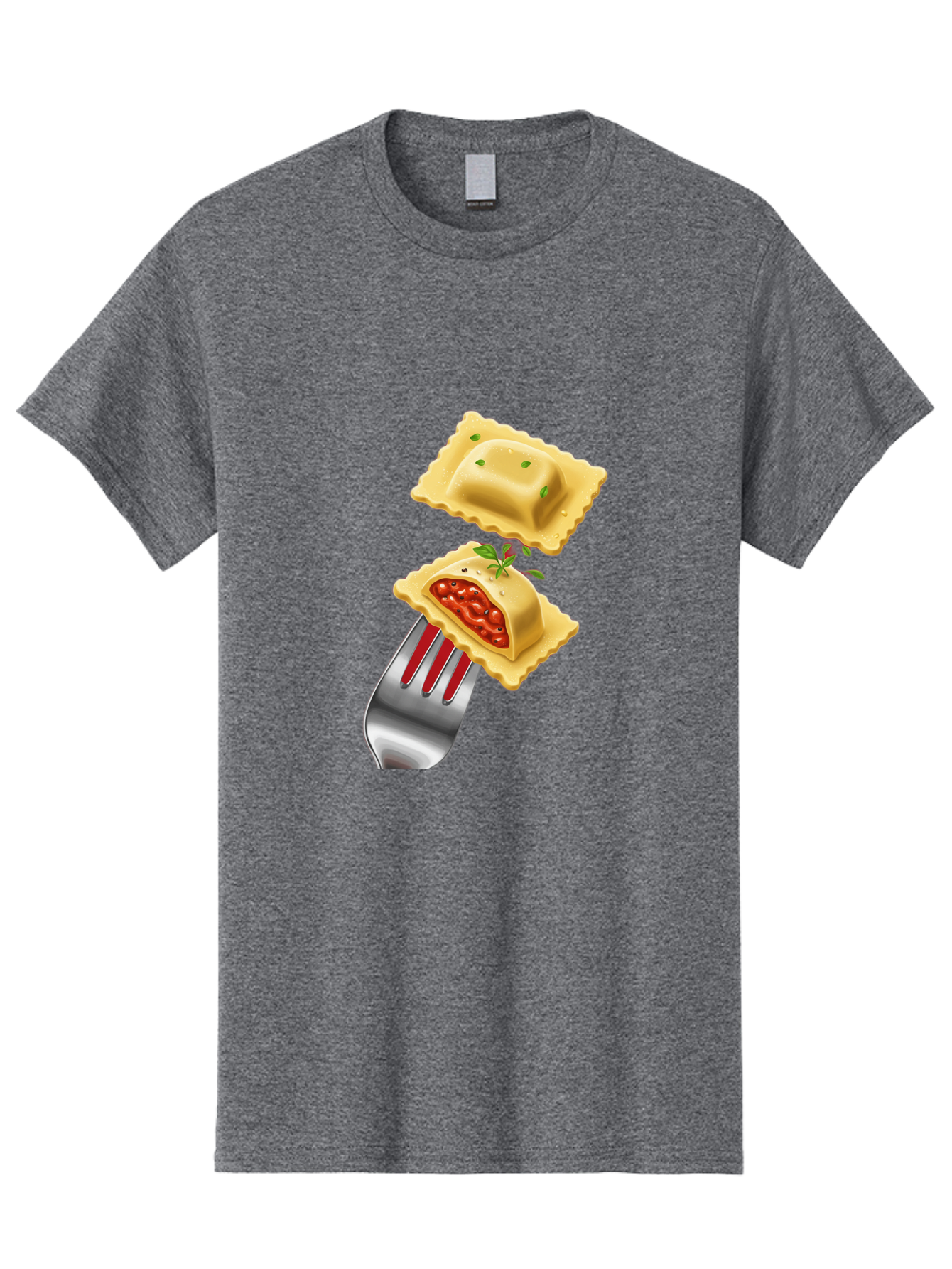 Ravioli Men'S Graphic Tee, 100% Cotton, Comfortable Casual Summer Wear, Machine Washable, Ravioli On Fork, Pasta Dish, Italian Cuisine, Stuffed Pasta, Red Sauce, Green Herbs, Culinary Art, Food Illustration, Gourmet Meal Bad472