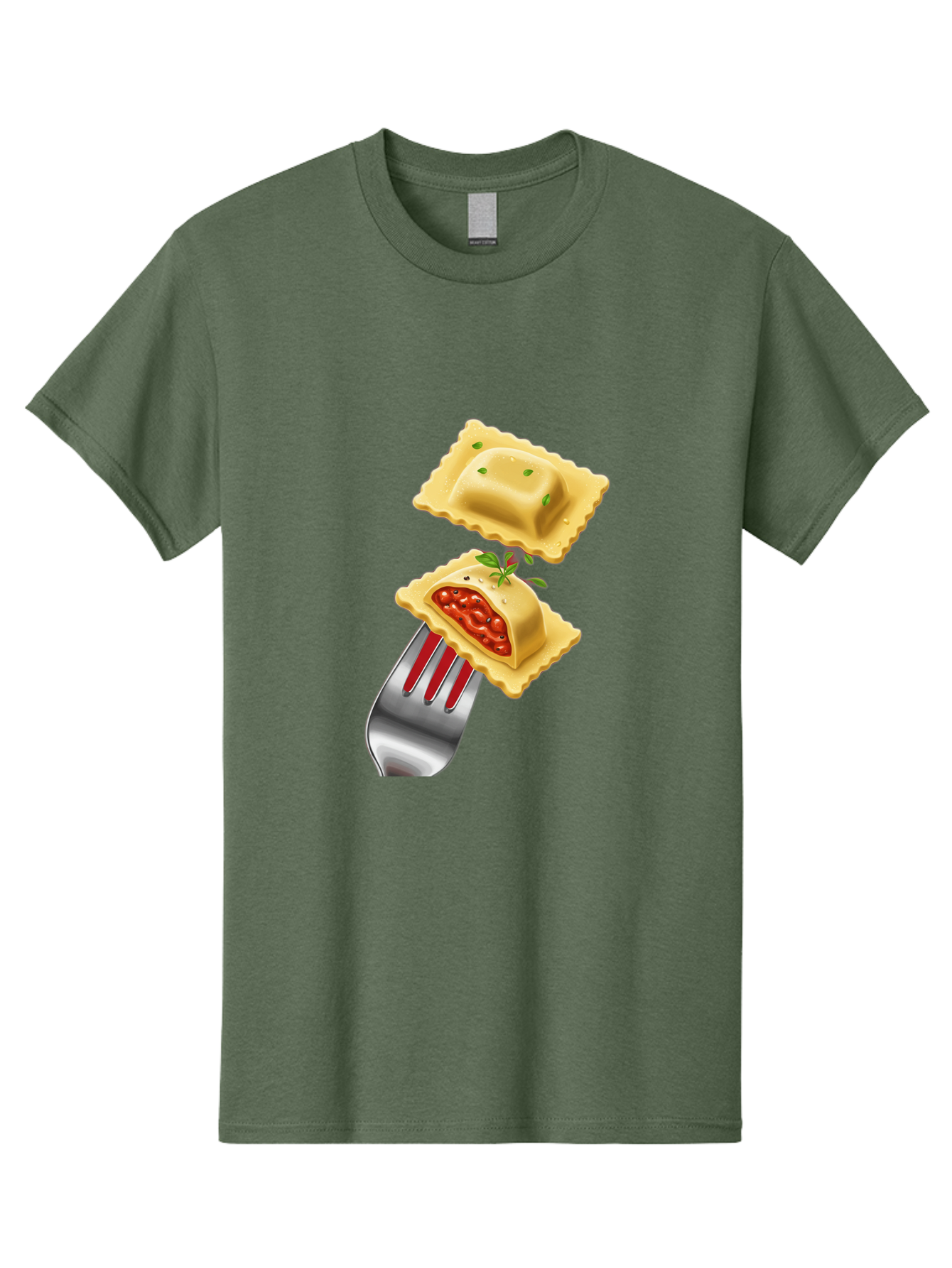 Ravioli Men'S Graphic Tee, 100% Cotton, Comfortable Casual Summer Wear, Machine Washable, Ravioli On Fork, Pasta Dish, Italian Cuisine, Stuffed Pasta, Red Sauce, Green Herbs, Culinary Art, Food Illustration, Gourmet Meal Bad472