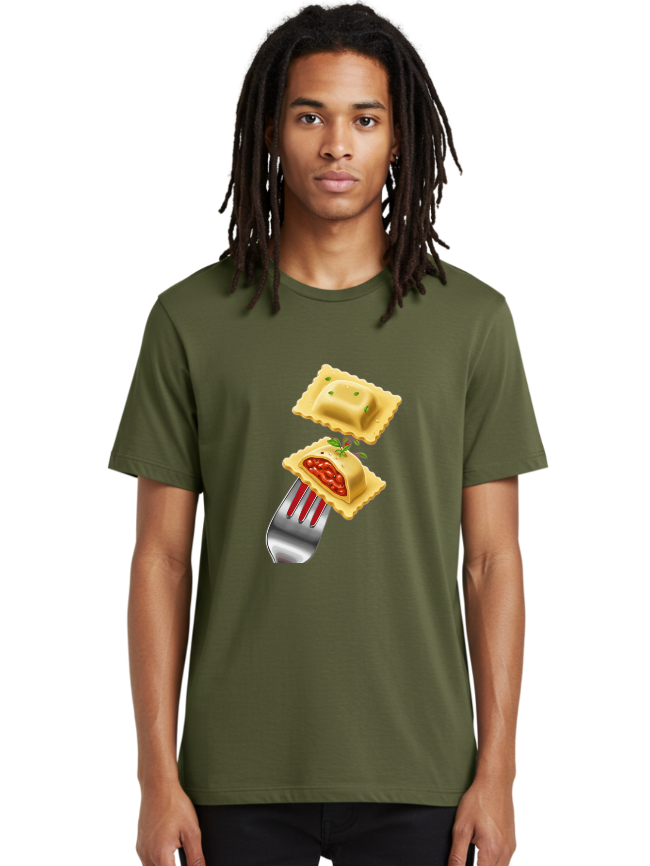 Ravioli Men'S Graphic Tee, 100% Cotton, Comfortable Casual Summer Wear, Machine Washable, Ravioli On Fork, Pasta Dish, Italian Cuisine, Stuffed Pasta, Red Sauce, Green Herbs, Culinary Art, Food Illustration, Gourmet Meal Bad472