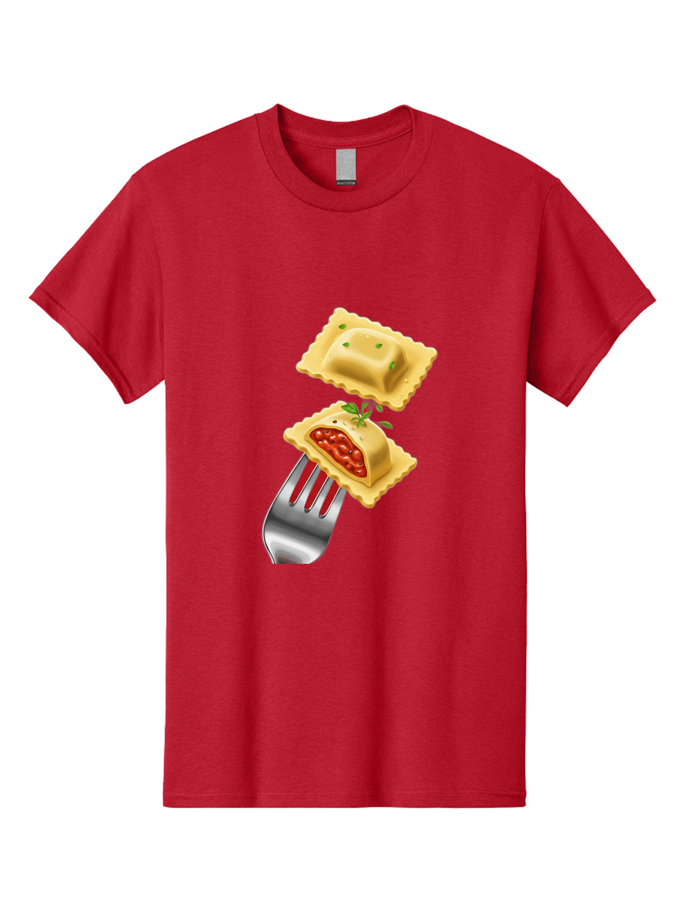 Ravioli Men'S Graphic Tee, 100% Cotton, Comfortable Casual Summer Wear, Machine Washable, Ravioli On Fork, Pasta Dish, Italian Cuisine, Stuffed Pasta, Red Sauce, Green Herbs, Culinary Art, Food Illustration, Gourmet Meal Bad472