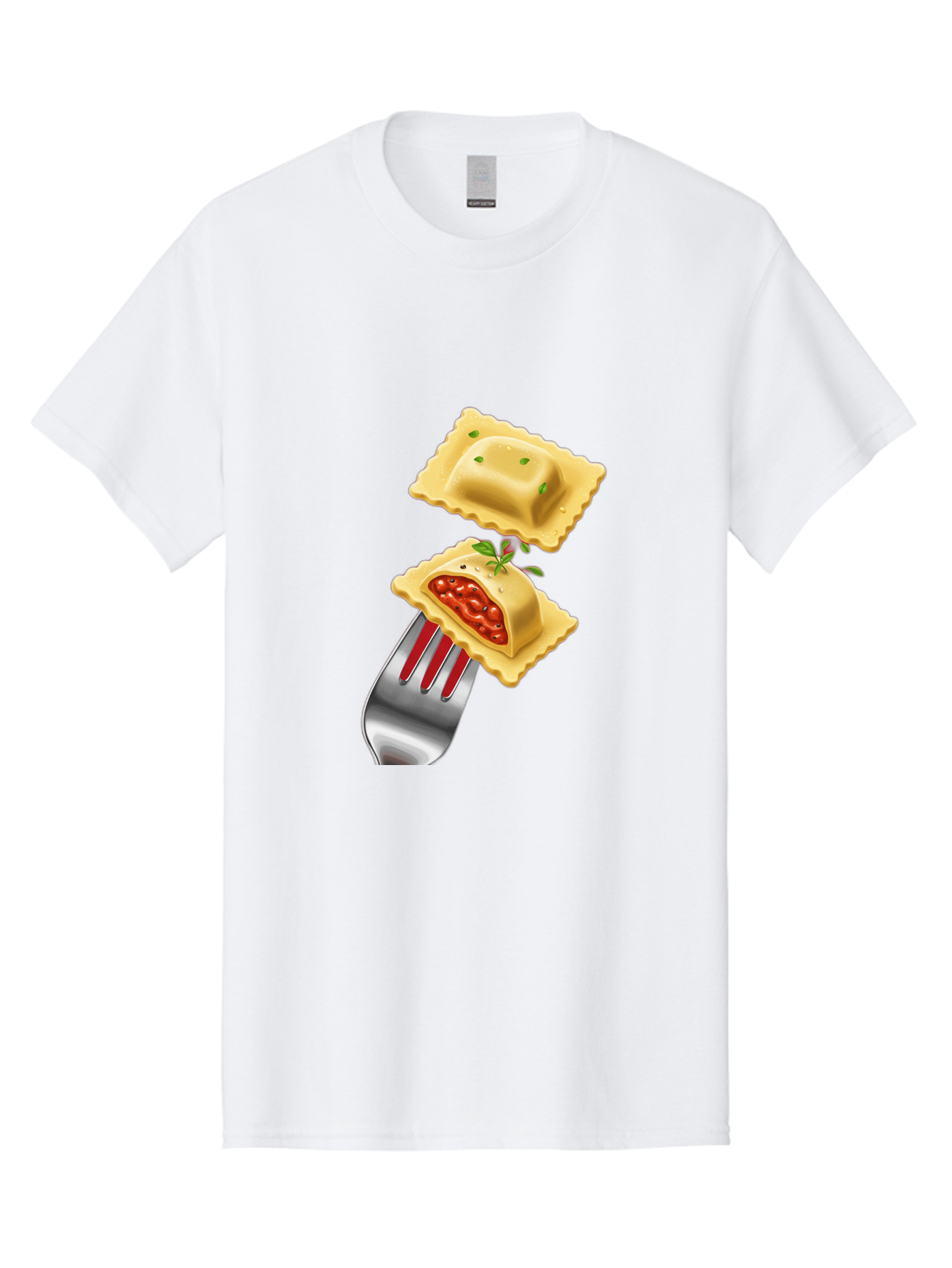 Ravioli Men'S Graphic Tee, 100% Cotton, Comfortable Casual Summer Wear, Machine Washable, Ravioli On Fork, Pasta Dish, Italian Cuisine, Stuffed Pasta, Red Sauce, Green Herbs, Culinary Art, Food Illustration, Gourmet Meal Bad472