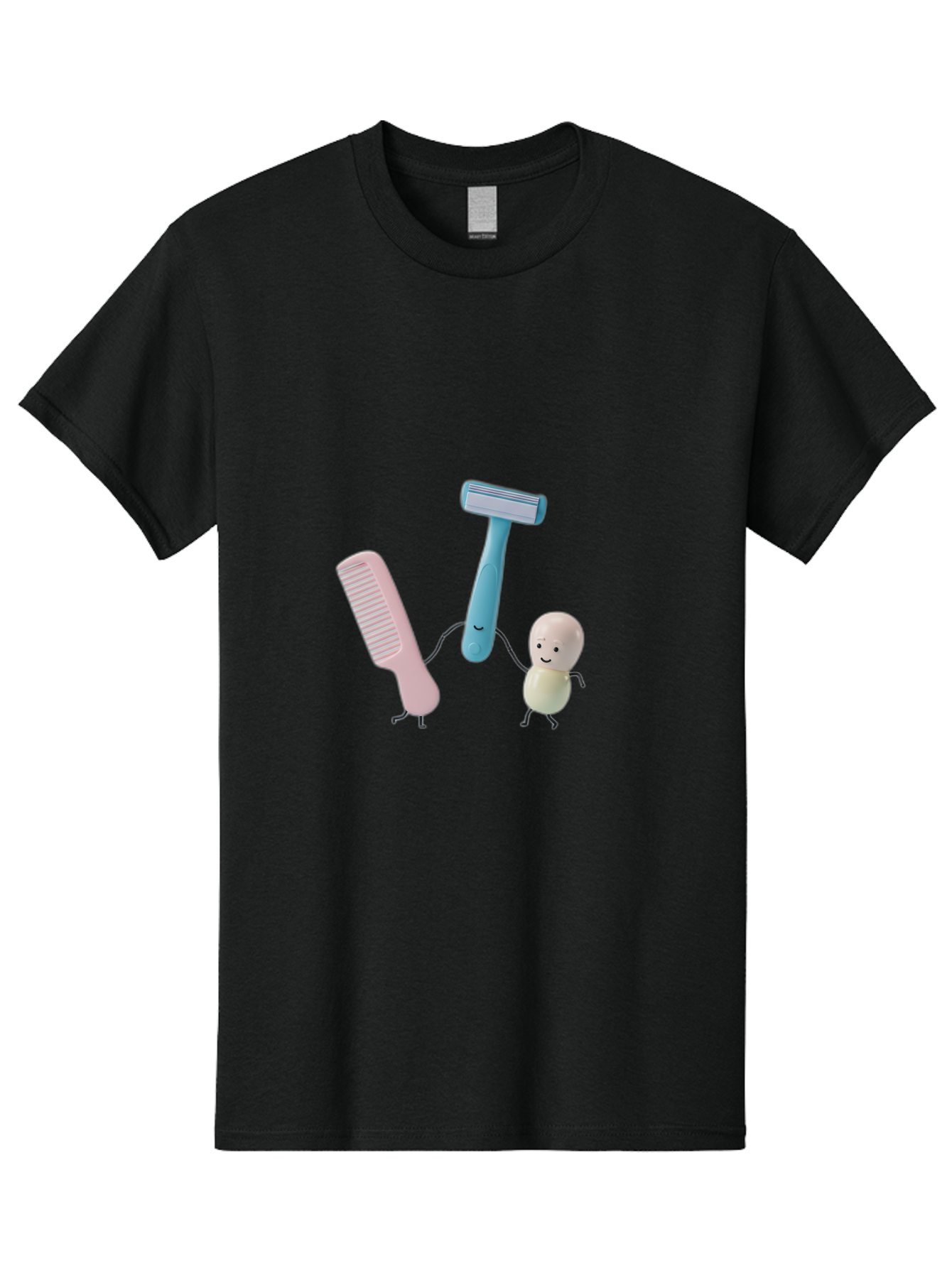 Razor-Comb-And-Egg Men'S Graphic Tee, 100% Cotton, Comfortable Casual Summer Wear, Machine Washable, Shaving, Grooming, Personal Care, Cartoon Characters, Pink Comb, Blue Razor, Smiling Egg, Cute Scene, Hygiene Products, Funny Illustration Bad476