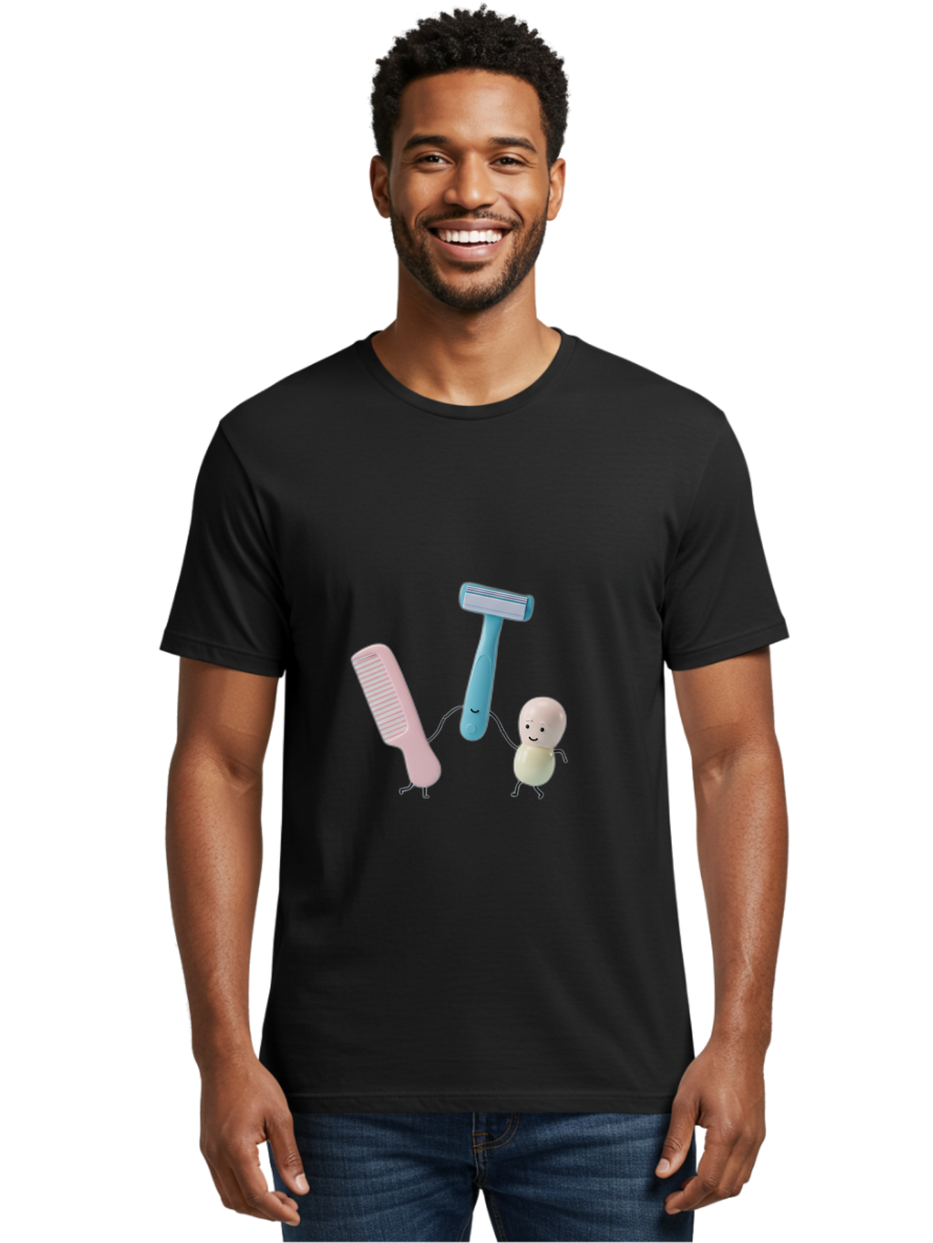 Razor-Comb-And-Egg Men'S Graphic Tee, 100% Cotton, Comfortable Casual Summer Wear, Machine Washable, Shaving, Grooming, Personal Care, Cartoon Characters, Pink Comb, Blue Razor, Smiling Egg, Cute Scene, Hygiene Products, Funny Illustration Bad476