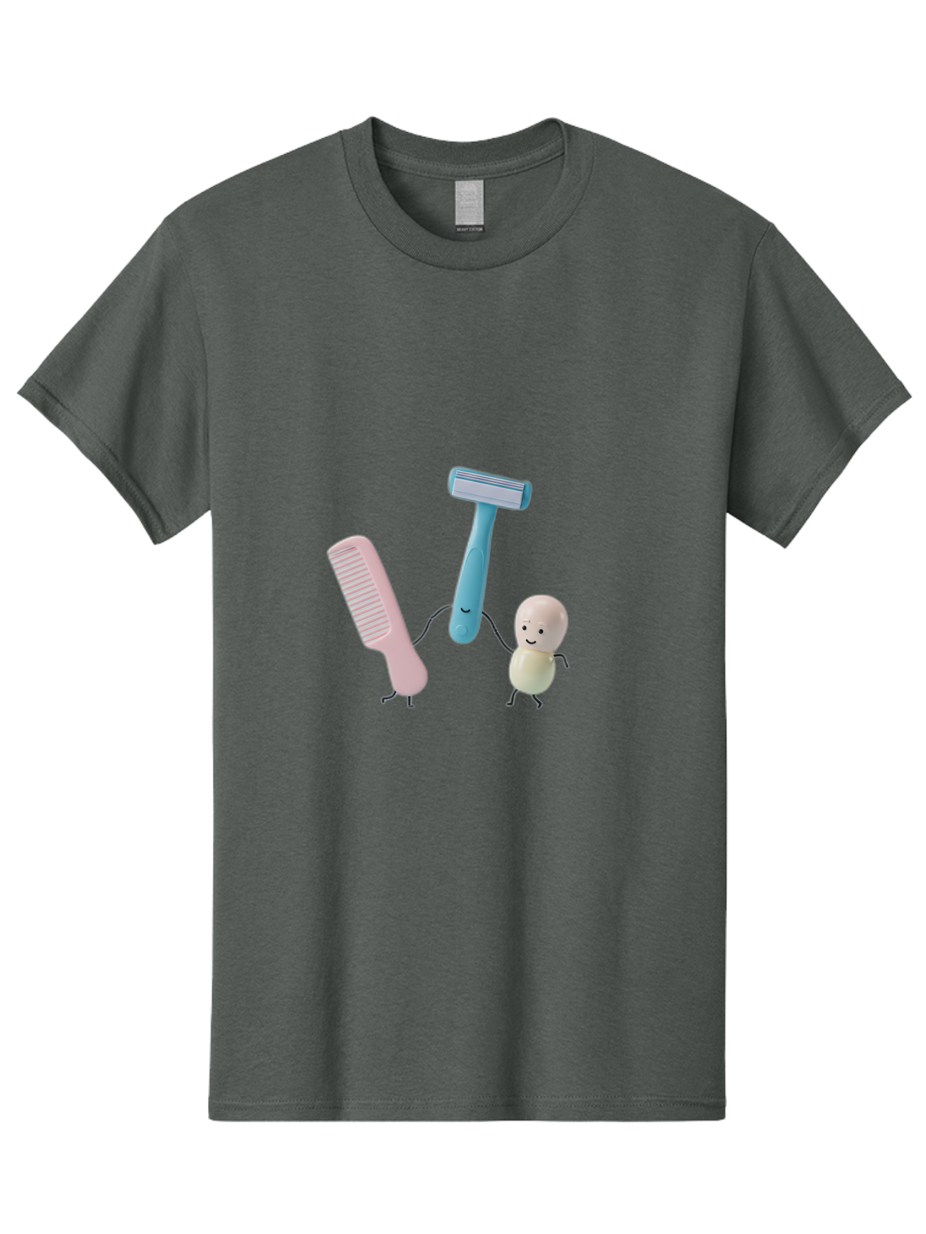 Razor-Comb-And-Egg Men'S Graphic Tee, 100% Cotton, Comfortable Casual Summer Wear, Machine Washable, Shaving, Grooming, Personal Care, Cartoon Characters, Pink Comb, Blue Razor, Smiling Egg, Cute Scene, Hygiene Products, Funny Illustration Bad476