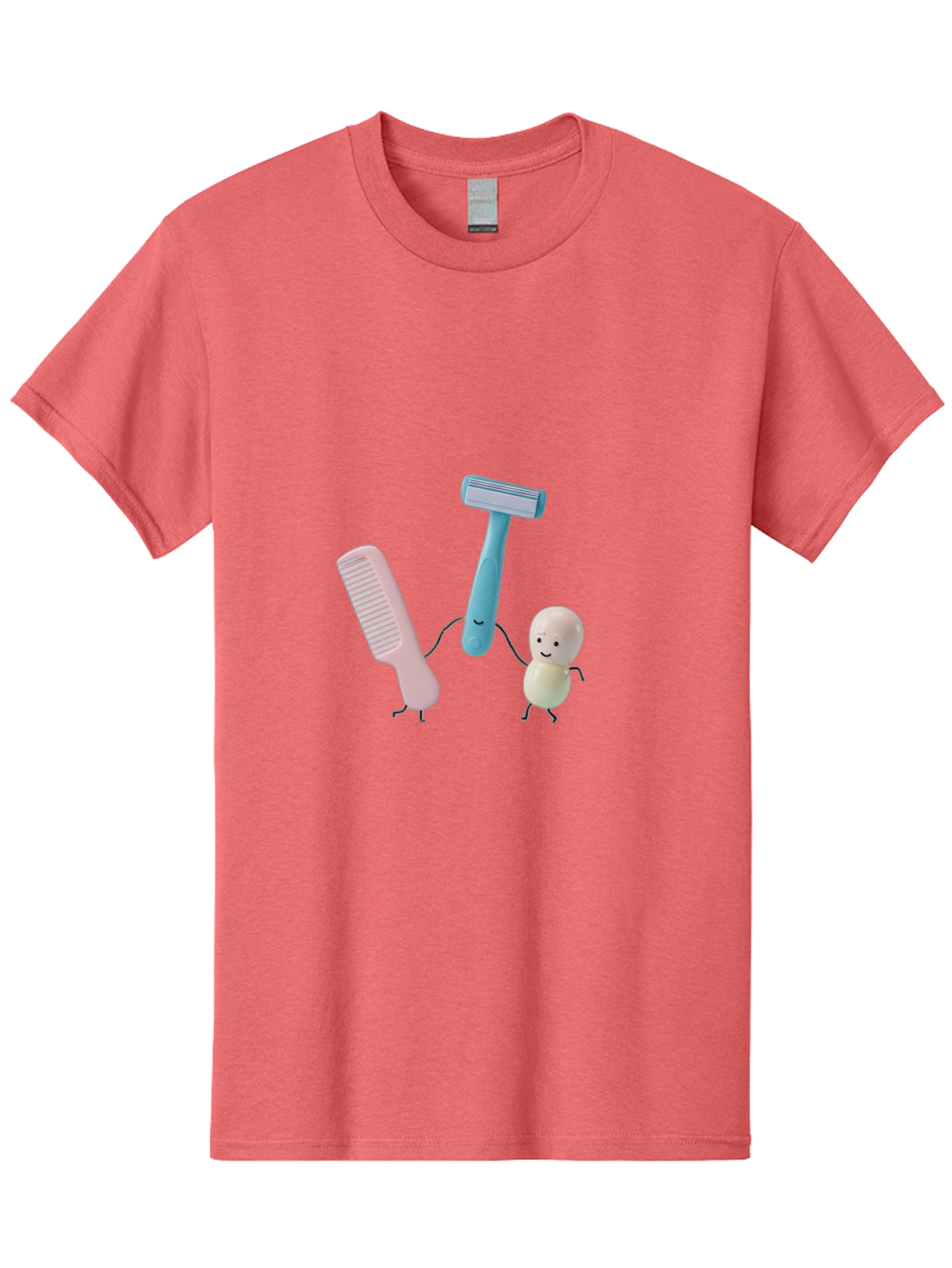 Razor-Comb-And-Egg Men'S Graphic Tee, 100% Cotton, Comfortable Casual Summer Wear, Machine Washable, Shaving, Grooming, Personal Care, Cartoon Characters, Pink Comb, Blue Razor, Smiling Egg, Cute Scene, Hygiene Products, Funny Illustration Bad476