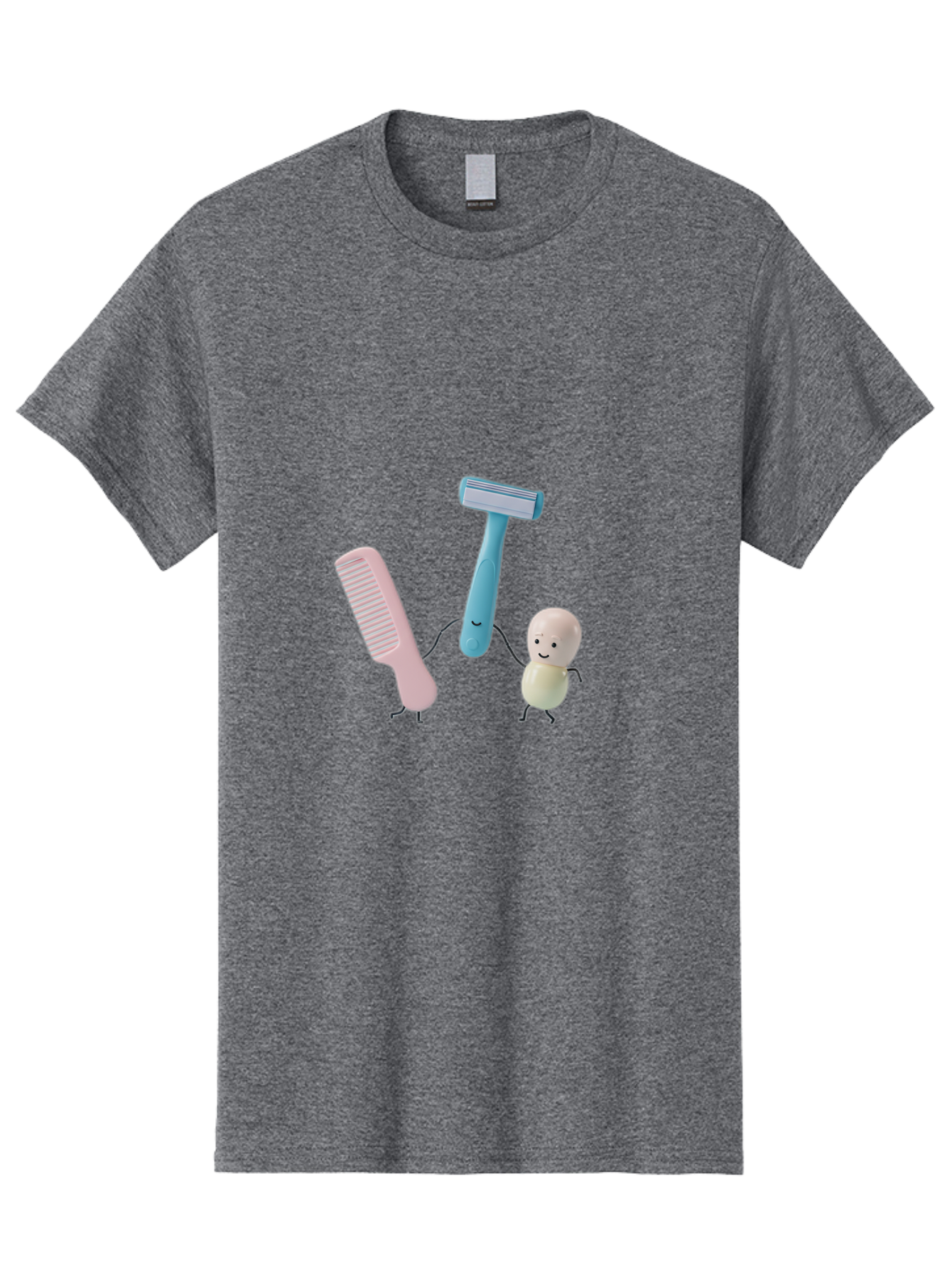 Razor-Comb-And-Egg Men'S Graphic Tee, 100% Cotton, Comfortable Casual Summer Wear, Machine Washable, Shaving, Grooming, Personal Care, Cartoon Characters, Pink Comb, Blue Razor, Smiling Egg, Cute Scene, Hygiene Products, Funny Illustration Bad476