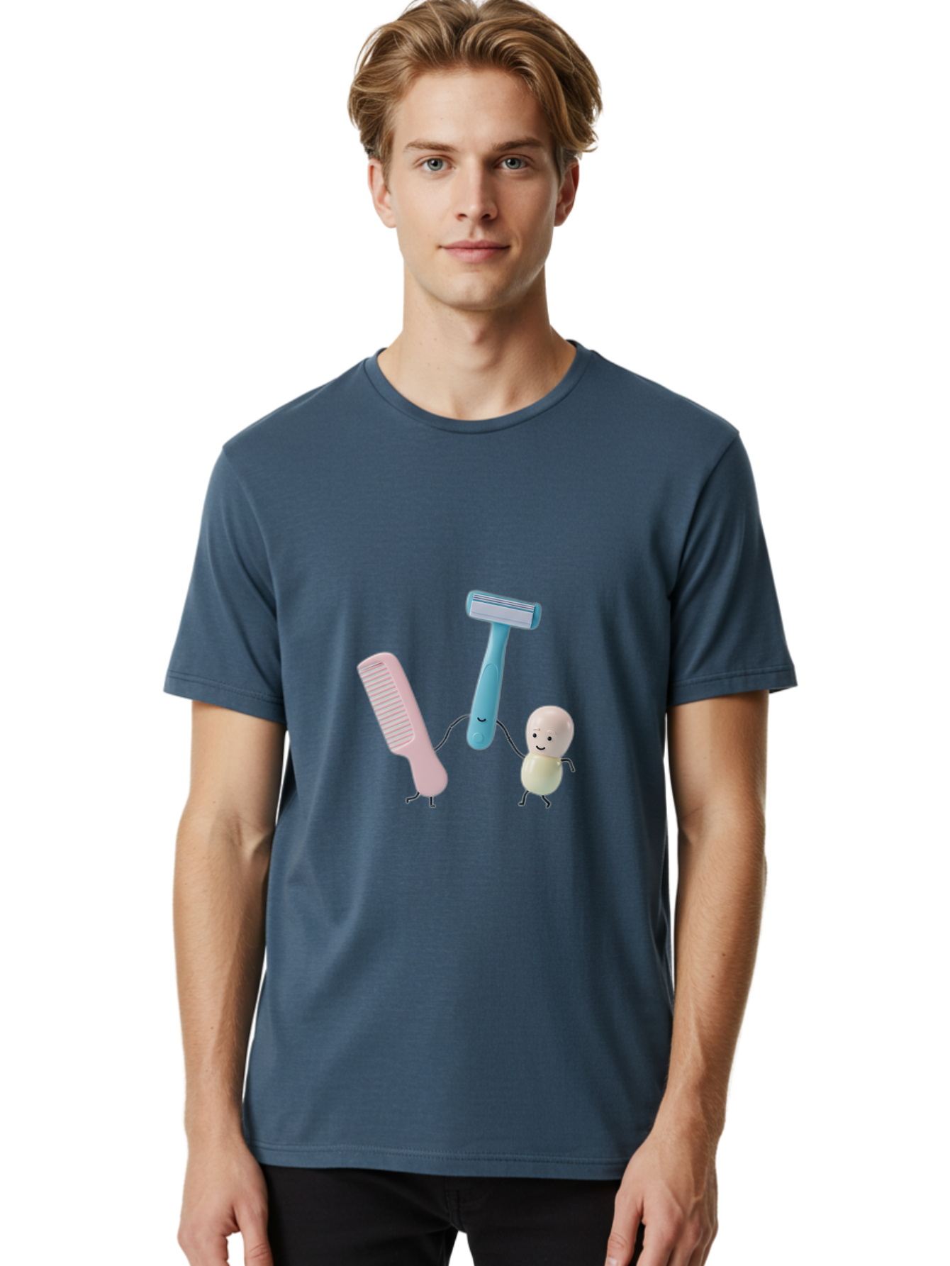 Razor-Comb-And-Egg Men'S Graphic Tee, 100% Cotton, Comfortable Casual Summer Wear, Machine Washable, Shaving, Grooming, Personal Care, Cartoon Characters, Pink Comb, Blue Razor, Smiling Egg, Cute Scene, Hygiene Products, Funny Illustration Bad476