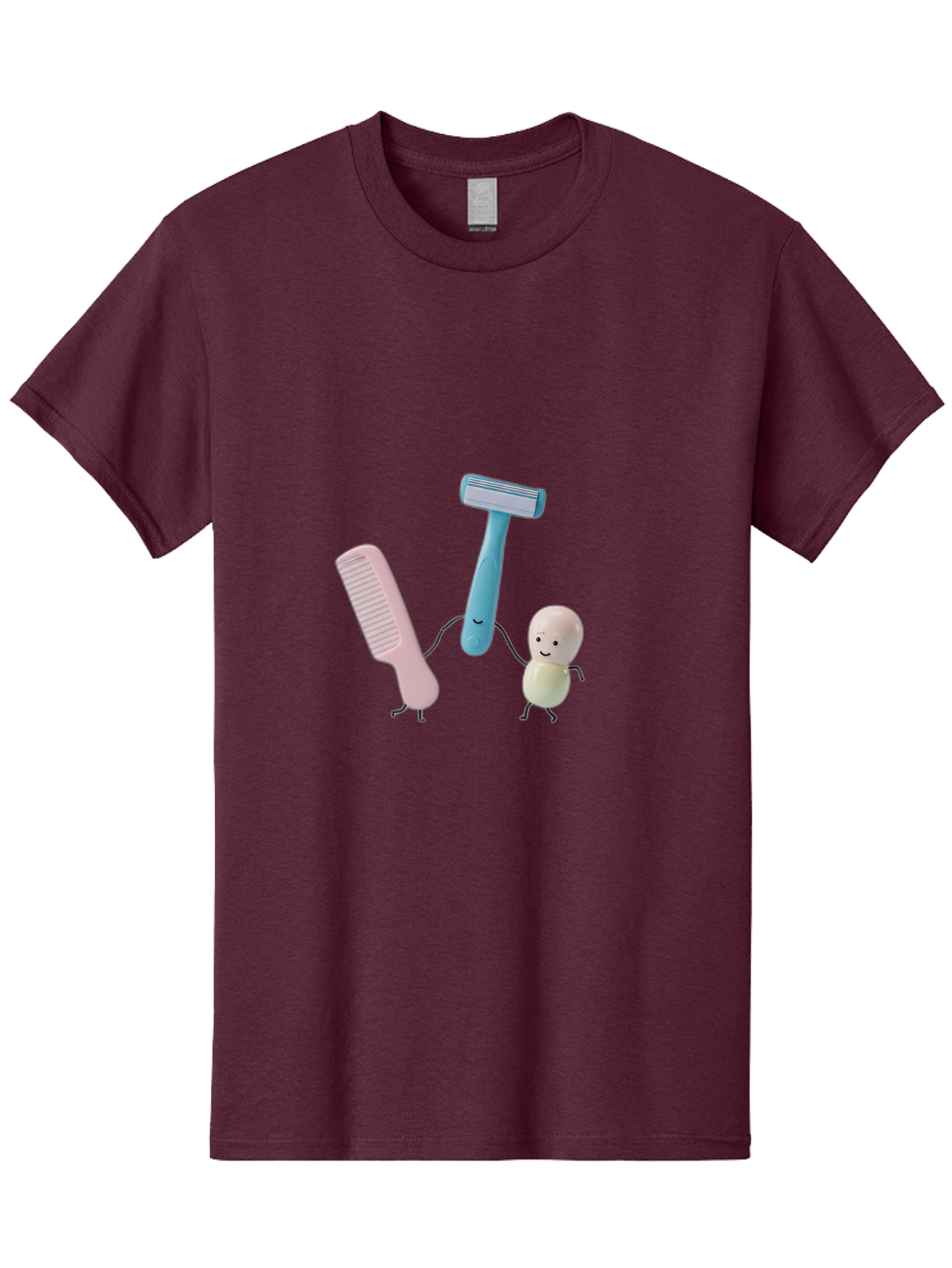 Razor-Comb-And-Egg Men'S Graphic Tee, 100% Cotton, Comfortable Casual Summer Wear, Machine Washable, Shaving, Grooming, Personal Care, Cartoon Characters, Pink Comb, Blue Razor, Smiling Egg, Cute Scene, Hygiene Products, Funny Illustration Bad476
