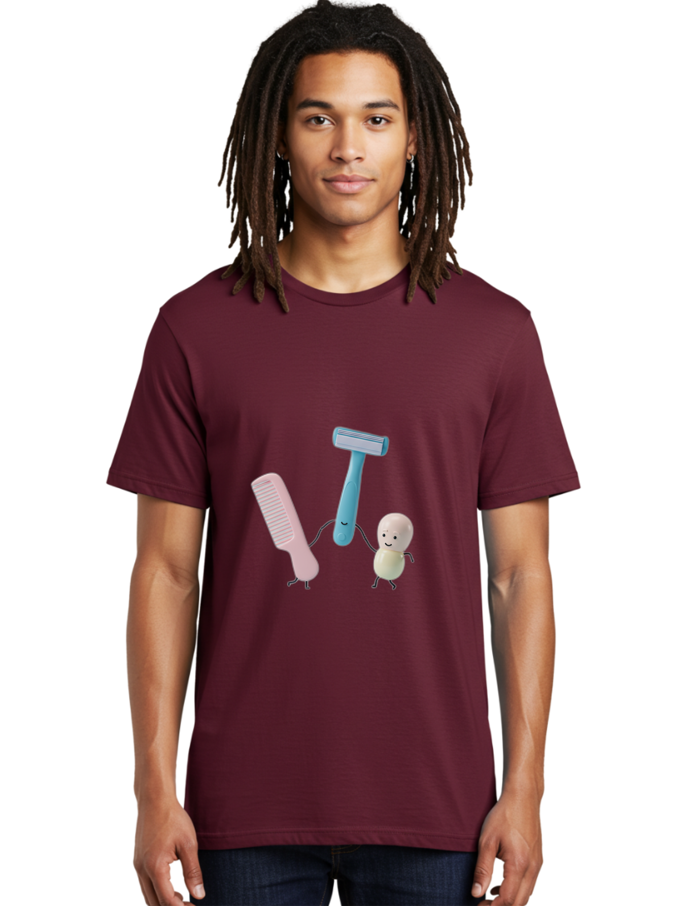 Razor-Comb-And-Egg Men'S Graphic Tee, 100% Cotton, Comfortable Casual Summer Wear, Machine Washable, Shaving, Grooming, Personal Care, Cartoon Characters, Pink Comb, Blue Razor, Smiling Egg, Cute Scene, Hygiene Products, Funny Illustration Bad476