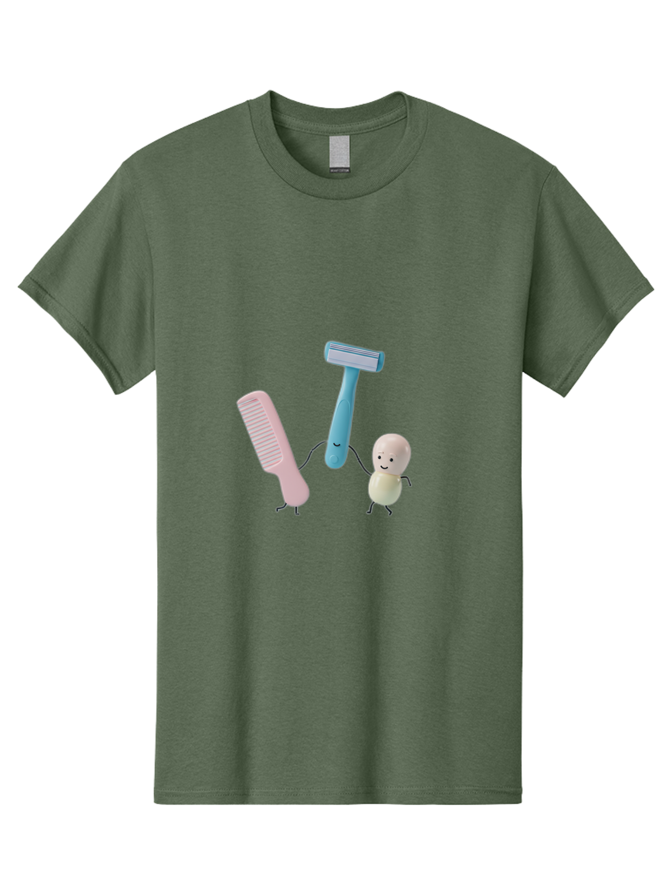 Razor-Comb-And-Egg Men'S Graphic Tee, 100% Cotton, Comfortable Casual Summer Wear, Machine Washable, Shaving, Grooming, Personal Care, Cartoon Characters, Pink Comb, Blue Razor, Smiling Egg, Cute Scene, Hygiene Products, Funny Illustration Bad476