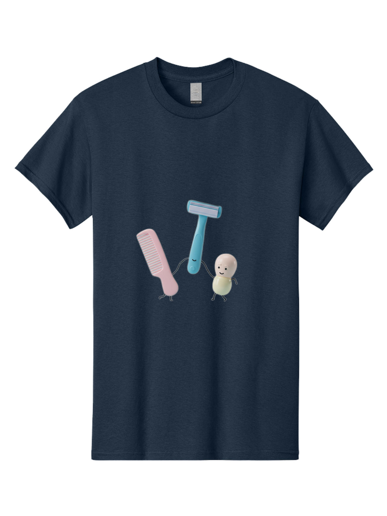 Razor-Comb-And-Egg Men'S Graphic Tee, 100% Cotton, Comfortable Casual Summer Wear, Machine Washable, Shaving, Grooming, Personal Care, Cartoon Characters, Pink Comb, Blue Razor, Smiling Egg, Cute Scene, Hygiene Products, Funny Illustration Bad476