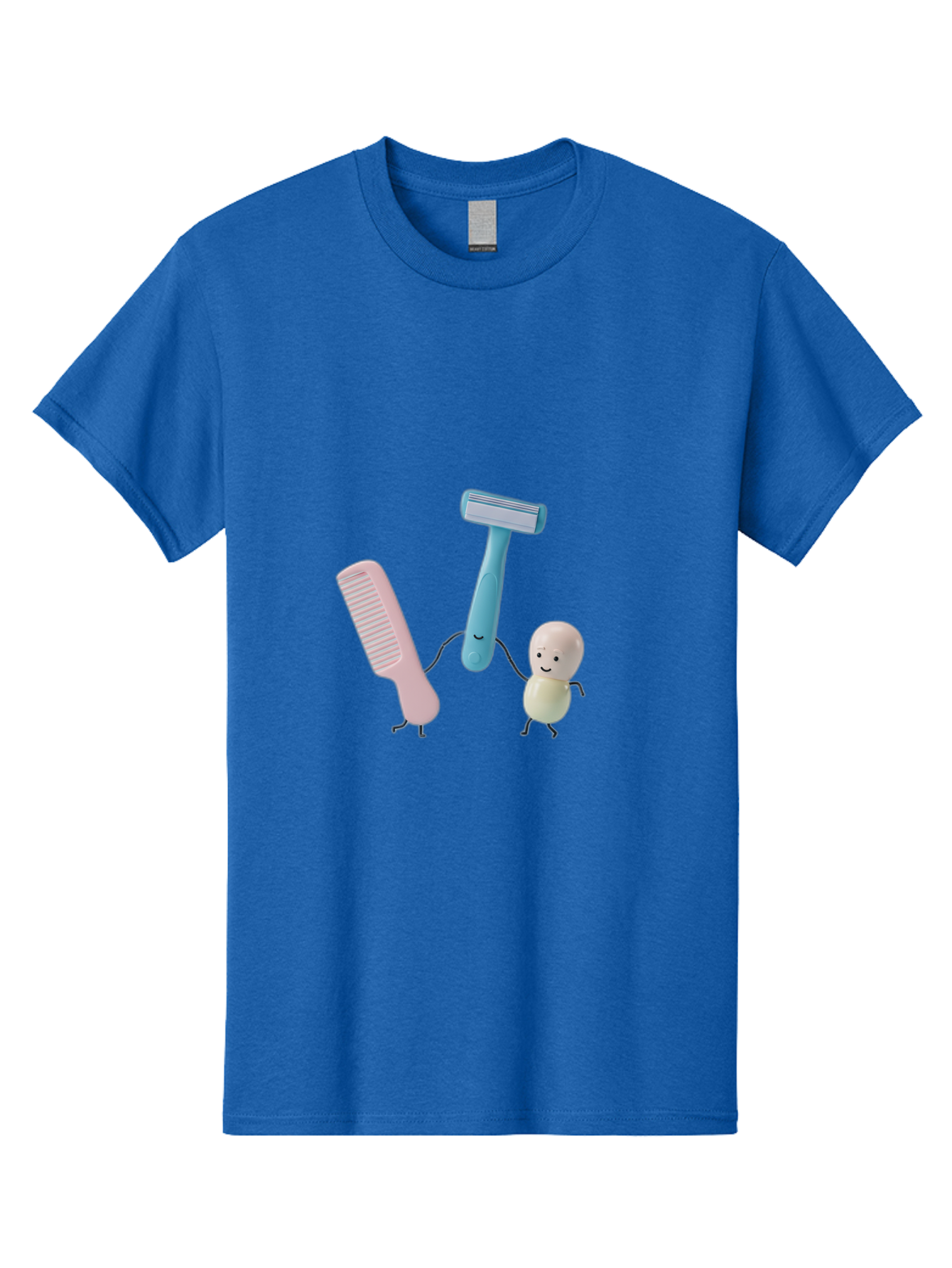 Razor-Comb-And-Egg Men'S Graphic Tee, 100% Cotton, Comfortable Casual Summer Wear, Machine Washable, Shaving, Grooming, Personal Care, Cartoon Characters, Pink Comb, Blue Razor, Smiling Egg, Cute Scene, Hygiene Products, Funny Illustration Bad476