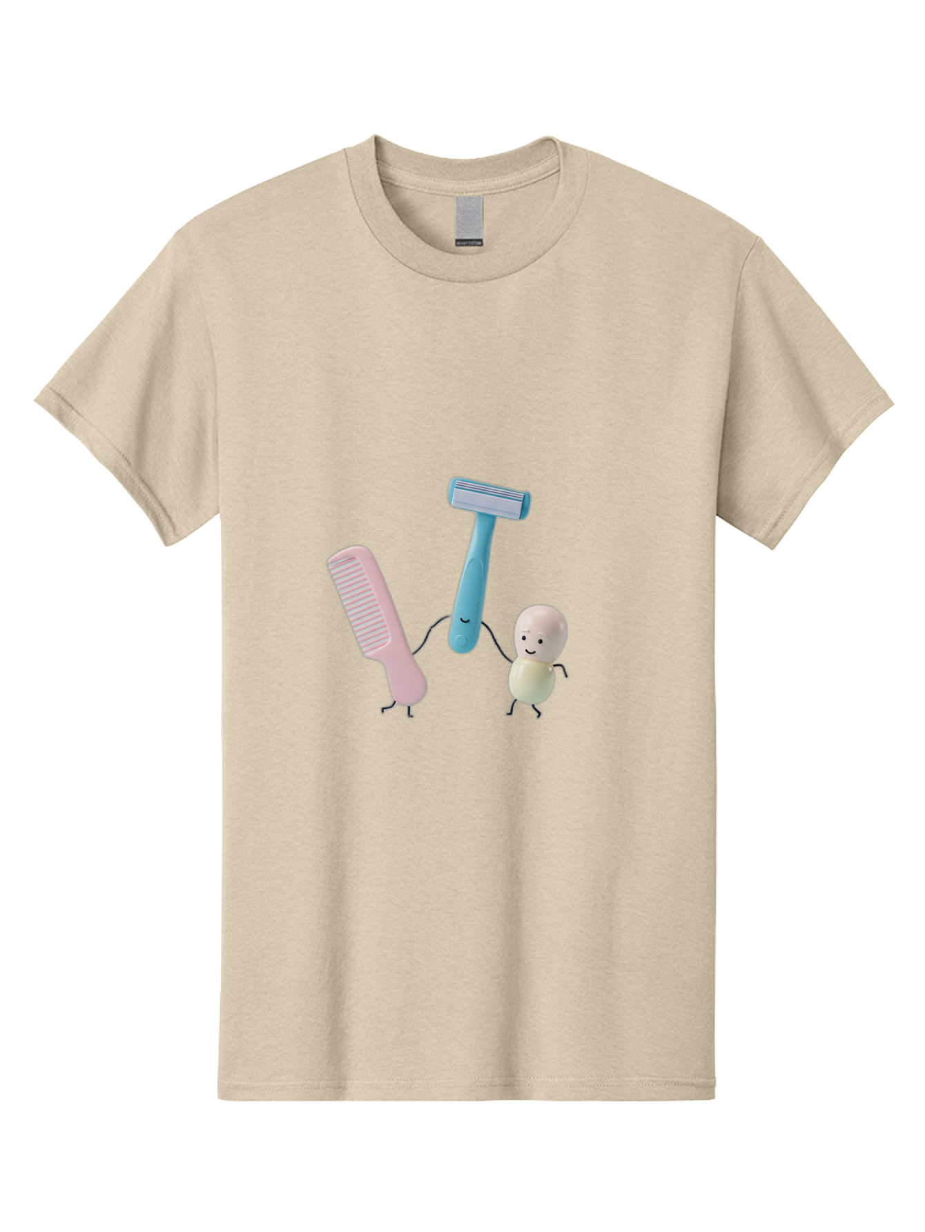 Razor-Comb-And-Egg Men'S Graphic Tee, 100% Cotton, Comfortable Casual Summer Wear, Machine Washable, Shaving, Grooming, Personal Care, Cartoon Characters, Pink Comb, Blue Razor, Smiling Egg, Cute Scene, Hygiene Products, Funny Illustration Bad476