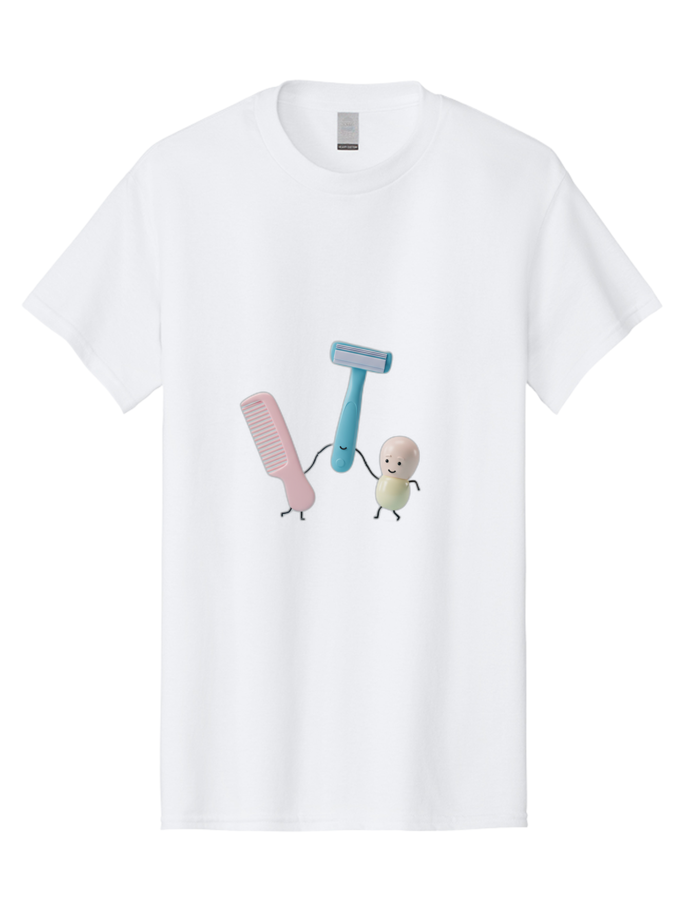 Razor-Comb-And-Egg Men'S Graphic Tee, 100% Cotton, Comfortable Casual Summer Wear, Machine Washable, Shaving, Grooming, Personal Care, Cartoon Characters, Pink Comb, Blue Razor, Smiling Egg, Cute Scene, Hygiene Products, Funny Illustration Bad476