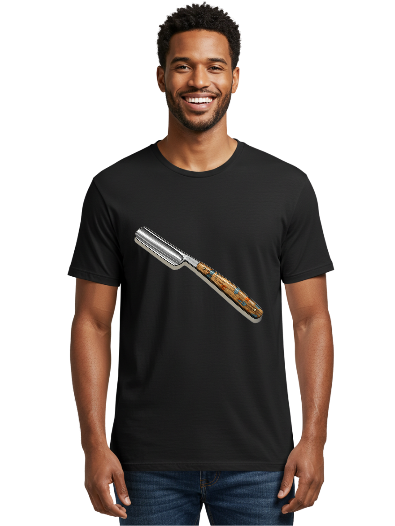 Razor Men'S Graphic Tee, 100% Cotton, Comfortable Casual Summer Wear, Machine Washable, Vintage Straight Razor, Sharp Blade, Wooden Handle, Traditional Shaving, Classic Grooming Tool, Men'S Grooming, Barber Shop Essentials, Close Shave Bad480