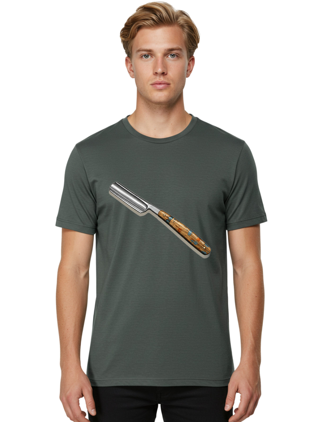 Razor Men'S Graphic Tee, 100% Cotton, Comfortable Casual Summer Wear, Machine Washable, Vintage Straight Razor, Sharp Blade, Wooden Handle, Traditional Shaving, Classic Grooming Tool, Men'S Grooming, Barber Shop Essentials, Close Shave Bad480