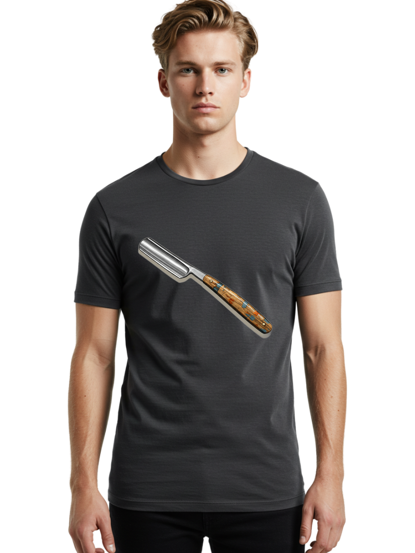 Razor Men'S Graphic Tee, 100% Cotton, Comfortable Casual Summer Wear, Machine Washable, Vintage Straight Razor, Sharp Blade, Wooden Handle, Traditional Shaving, Classic Grooming Tool, Men'S Grooming, Barber Shop Essentials, Close Shave Bad480