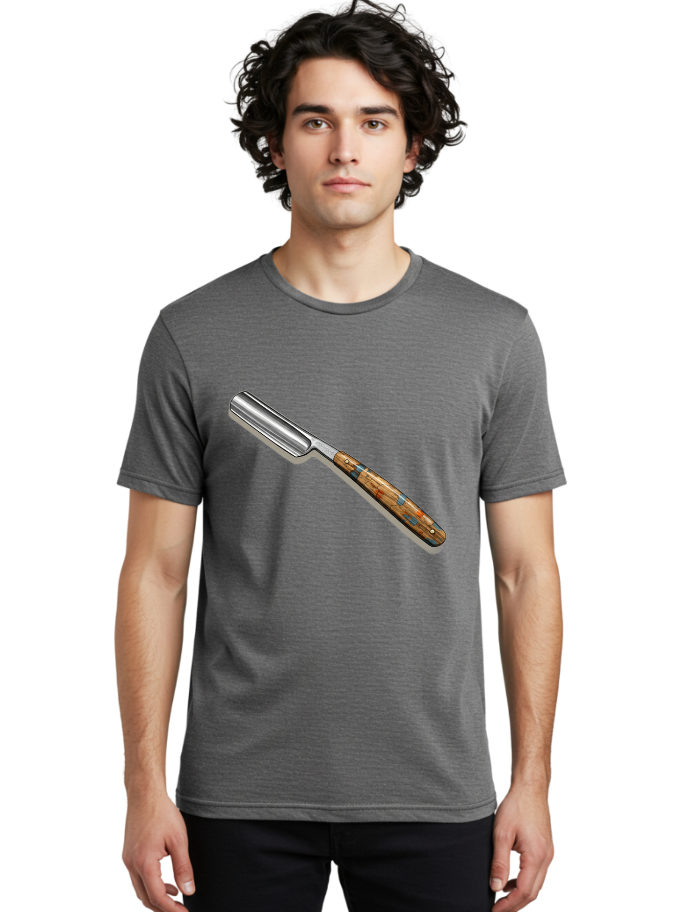 Razor Men'S Graphic Tee, 100% Cotton, Comfortable Casual Summer Wear, Machine Washable, Vintage Straight Razor, Sharp Blade, Wooden Handle, Traditional Shaving, Classic Grooming Tool, Men'S Grooming, Barber Shop Essentials, Close Shave Bad480