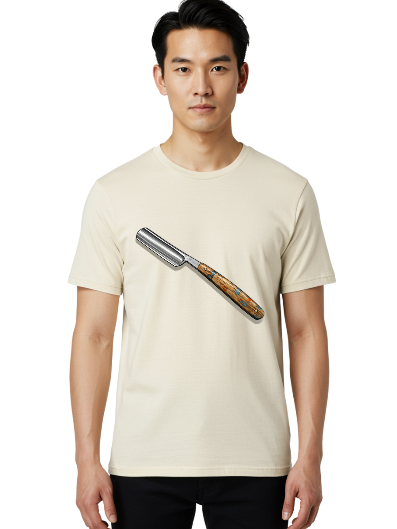 Razor Men'S Graphic Tee, 100% Cotton, Comfortable Casual Summer Wear, Machine Washable, Vintage Straight Razor, Sharp Blade, Wooden Handle, Traditional Shaving, Classic Grooming Tool, Men'S Grooming, Barber Shop Essentials, Close Shave Bad480