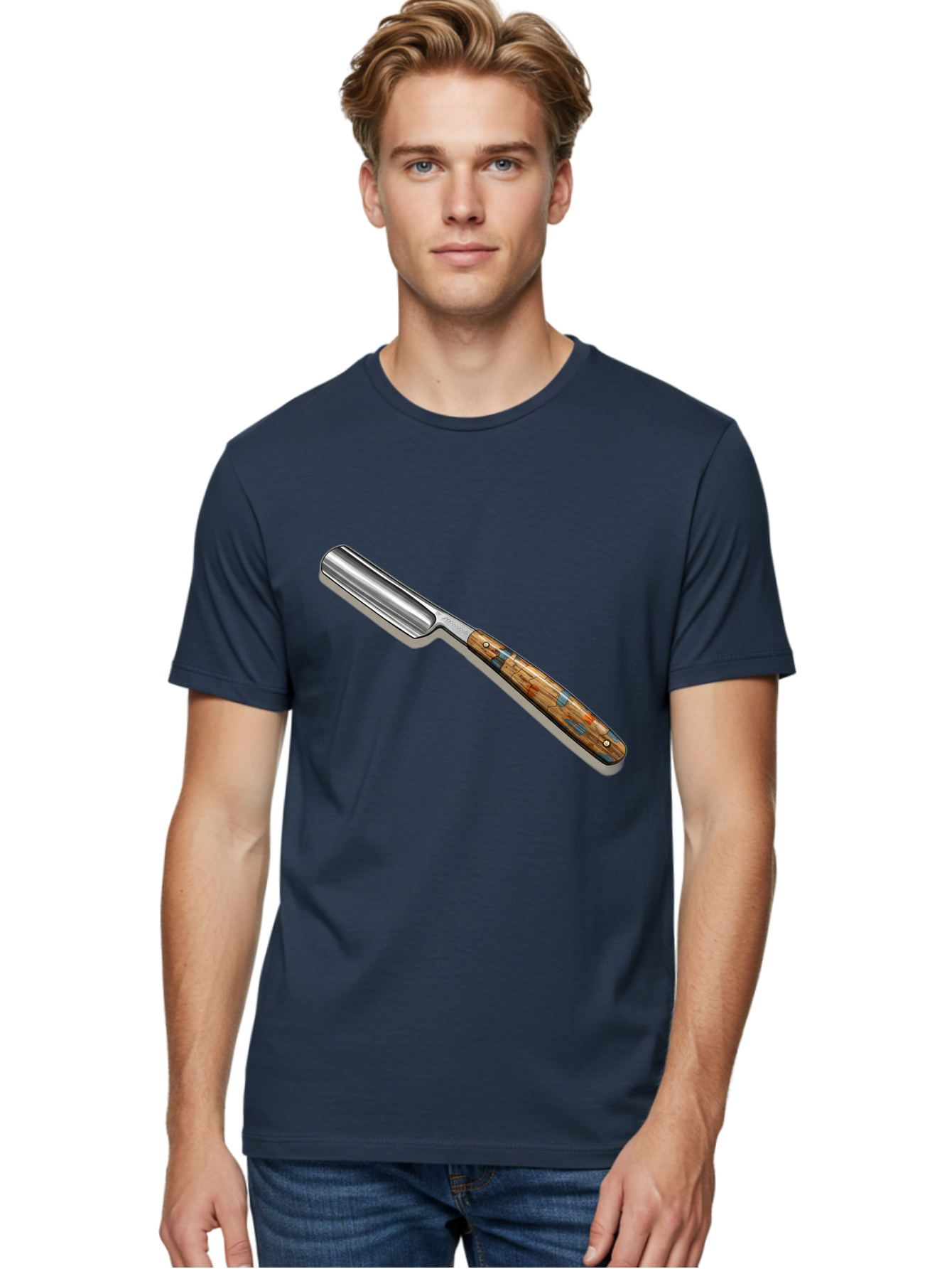 Razor Men'S Graphic Tee, 100% Cotton, Comfortable Casual Summer Wear, Machine Washable, Vintage Straight Razor, Sharp Blade, Wooden Handle, Traditional Shaving, Classic Grooming Tool, Men'S Grooming, Barber Shop Essentials, Close Shave Bad480