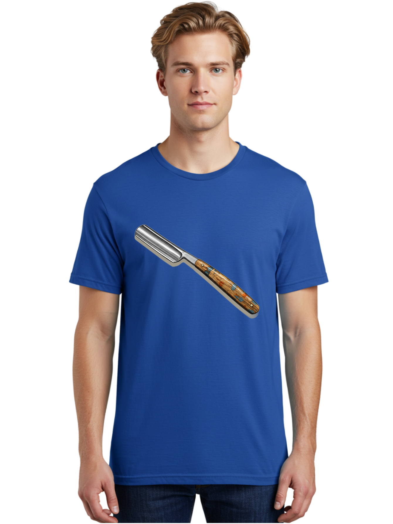 Razor Men'S Graphic Tee, 100% Cotton, Comfortable Casual Summer Wear, Machine Washable, Vintage Straight Razor, Sharp Blade, Wooden Handle, Traditional Shaving, Classic Grooming Tool, Men'S Grooming, Barber Shop Essentials, Close Shave Bad480