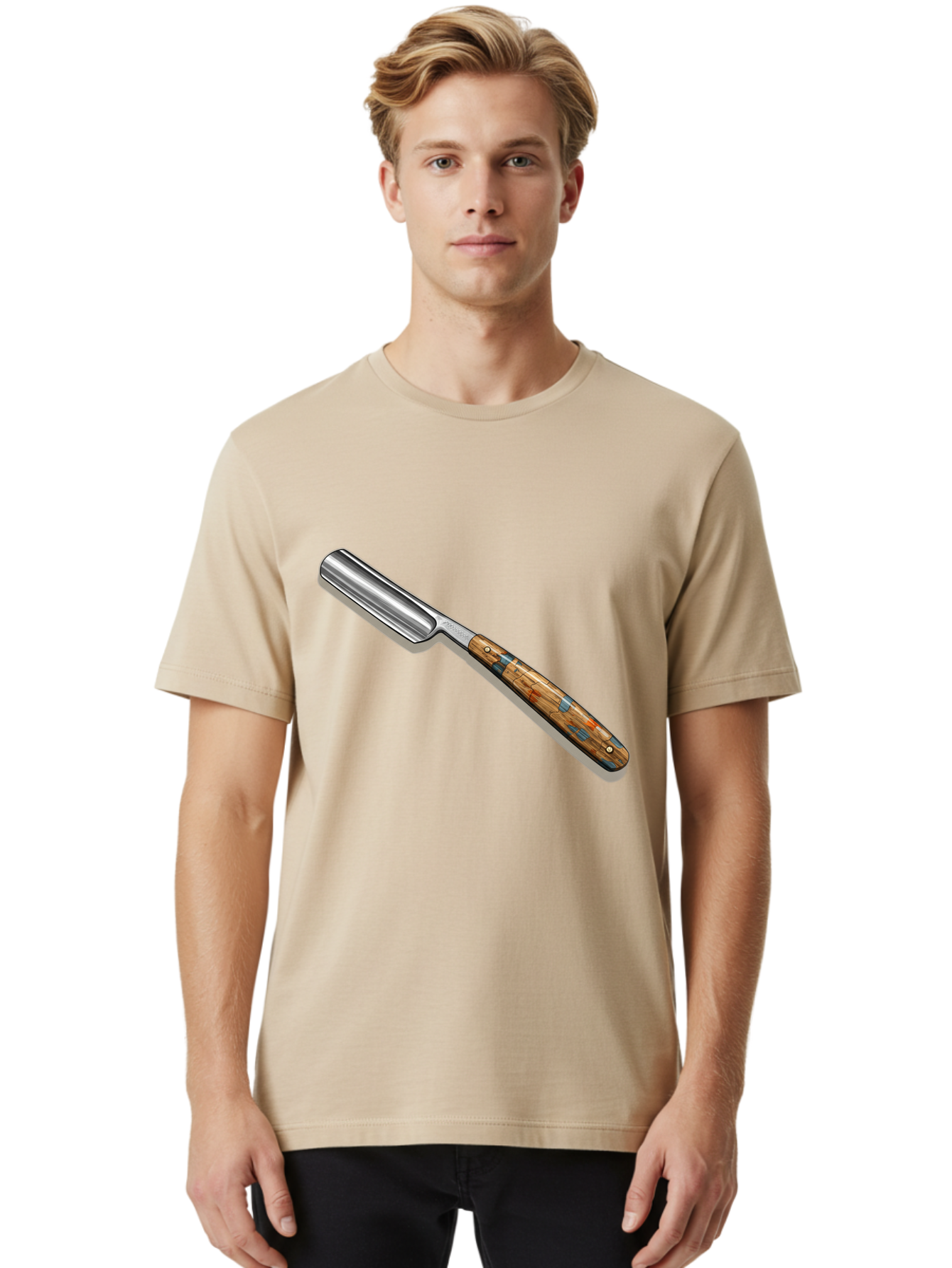 Razor Men'S Graphic Tee, 100% Cotton, Comfortable Casual Summer Wear, Machine Washable, Vintage Straight Razor, Sharp Blade, Wooden Handle, Traditional Shaving, Classic Grooming Tool, Men'S Grooming, Barber Shop Essentials, Close Shave Bad480