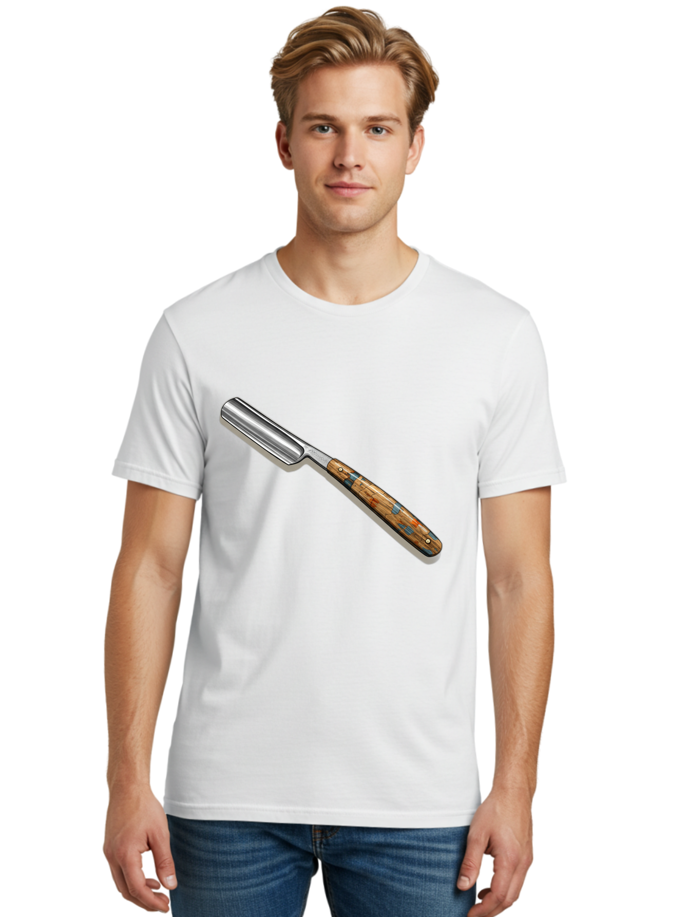 Razor Men'S Graphic Tee, 100% Cotton, Comfortable Casual Summer Wear, Machine Washable, Vintage Straight Razor, Sharp Blade, Wooden Handle, Traditional Shaving, Classic Grooming Tool, Men'S Grooming, Barber Shop Essentials, Close Shave Bad480