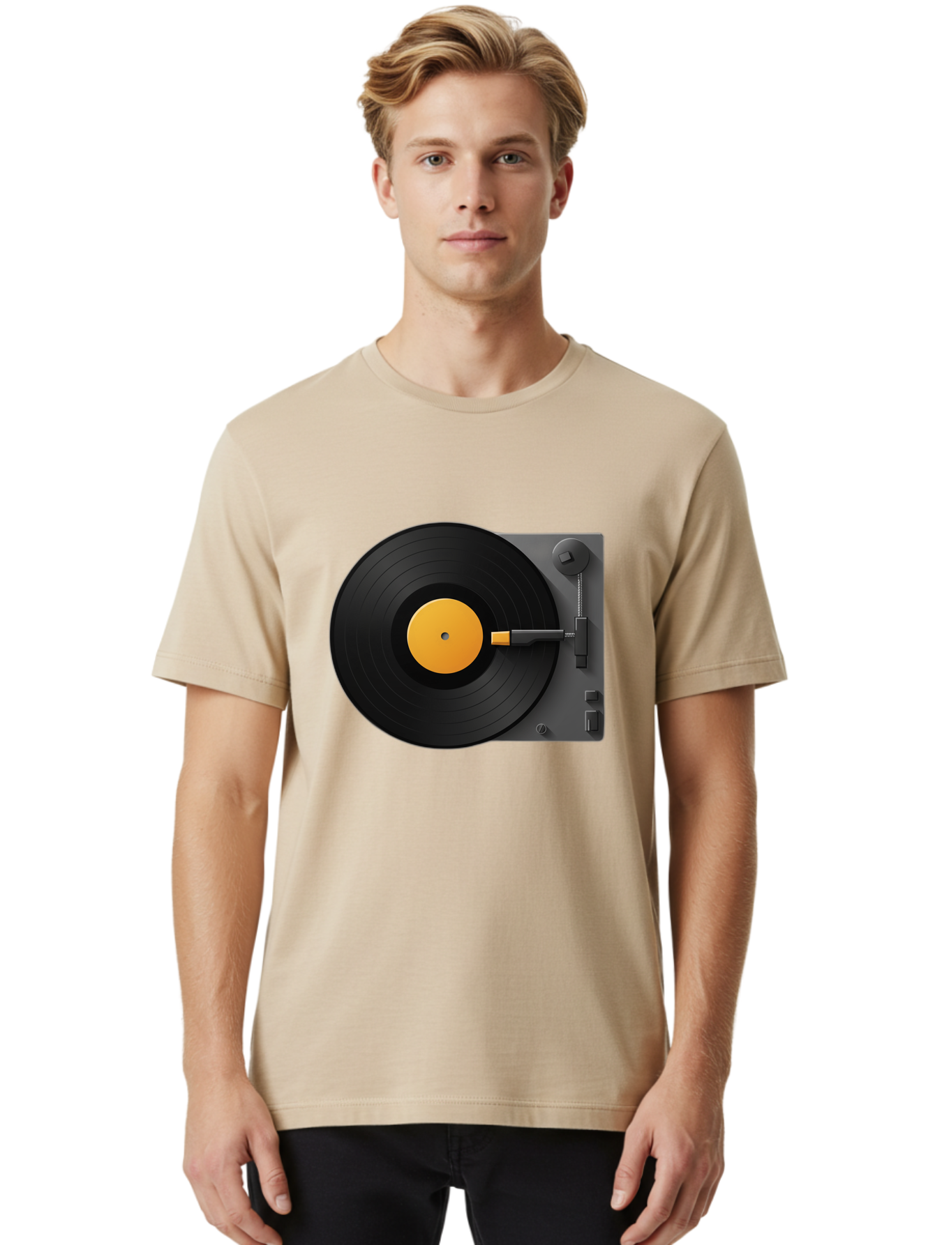 Record-Player Men'S Graphic Tee, 100% Cotton, Comfortable Casual Summer Wear, Machine Washable, Vinyl Record Player, Turntable, Dj Equipment, Music Playback, Audio Technology, Retro Music Player, Nostalgic Sound System Bad482