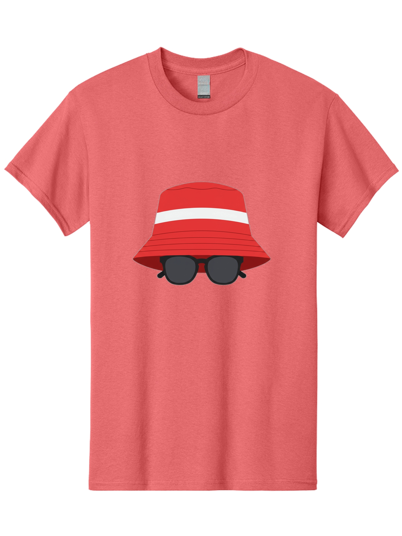 Red-Bucket-Hat-With-Sunglasses Men'S Graphic Tee, 100% Cotton, Comfortable Casual Summer Wear, Machine Washable, Red Bucket Hat, White Stripe, Sunglasses, Summer Fashion, Beachwear, Stylish Accessories, Trendy Outfits, Sunglasses Fashion, Bad483