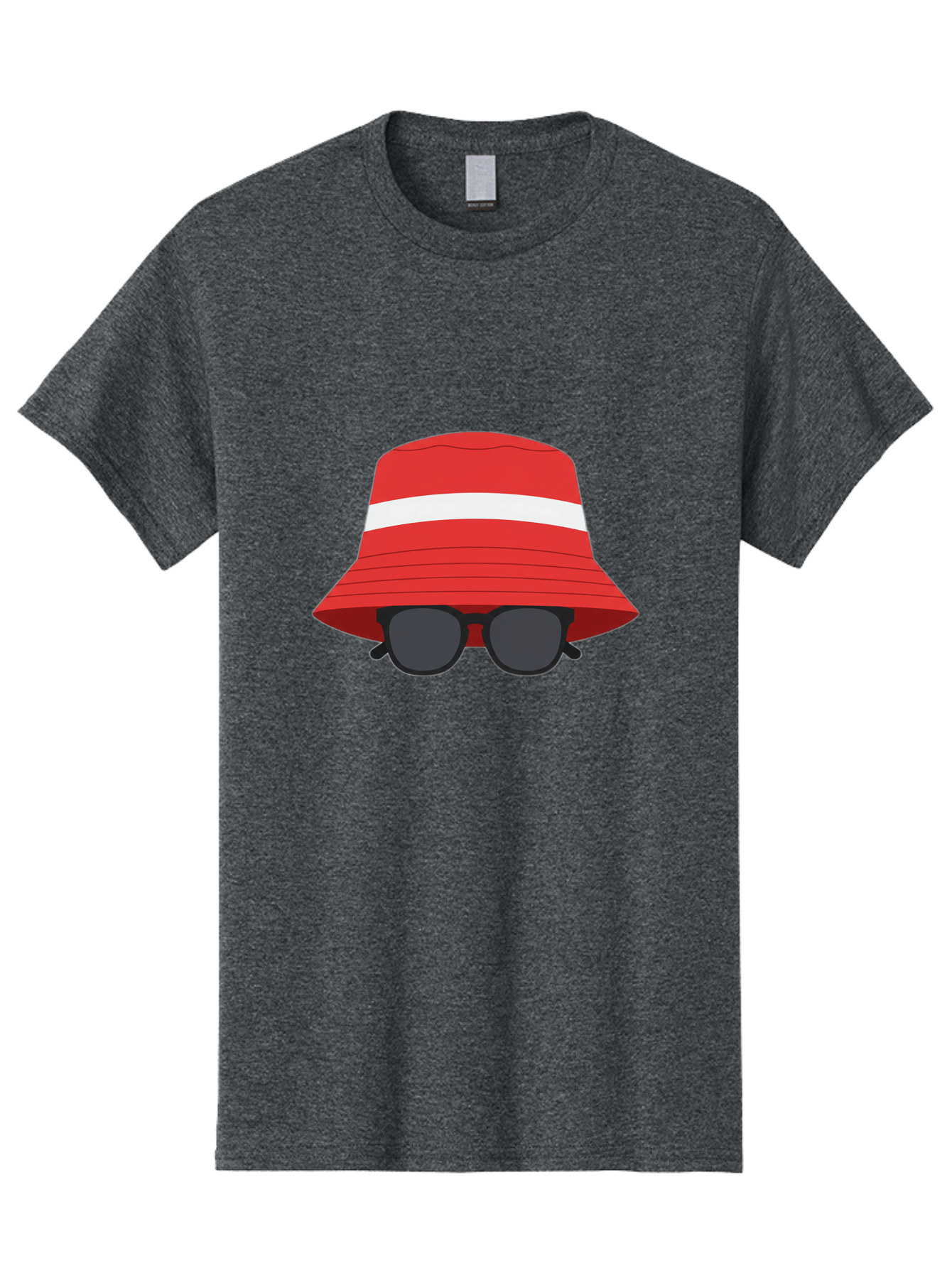 Red-Bucket-Hat-With-Sunglasses Men'S Graphic Tee, 100% Cotton, Comfortable Casual Summer Wear, Machine Washable, Red Bucket Hat, White Stripe, Sunglasses, Summer Fashion, Beachwear, Stylish Accessories, Trendy Outfits, Sunglasses Fashion, Bad483