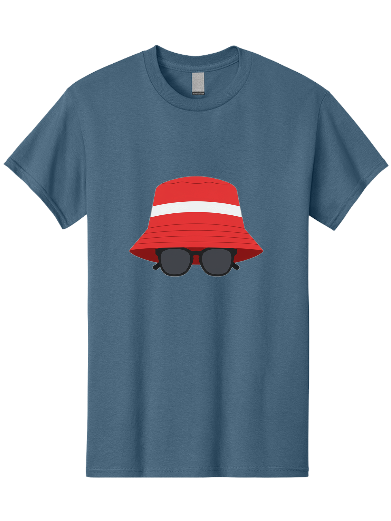 Red-Bucket-Hat-With-Sunglasses Men'S Graphic Tee, 100% Cotton, Comfortable Casual Summer Wear, Machine Washable, Red Bucket Hat, White Stripe, Sunglasses, Summer Fashion, Beachwear, Stylish Accessories, Trendy Outfits, Sunglasses Fashion, Bad483
