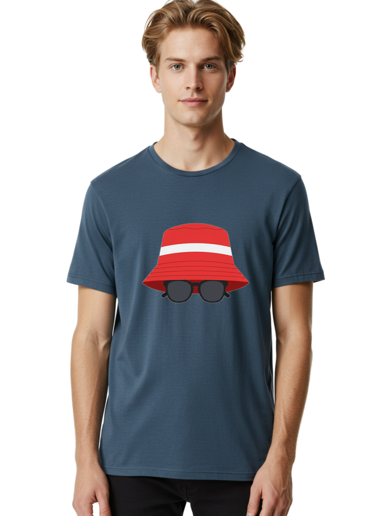 Red-Bucket-Hat-With-Sunglasses Men'S Graphic Tee, 100% Cotton, Comfortable Casual Summer Wear, Machine Washable, Red Bucket Hat, White Stripe, Sunglasses, Summer Fashion, Beachwear, Stylish Accessories, Trendy Outfits, Sunglasses Fashion, Bad483