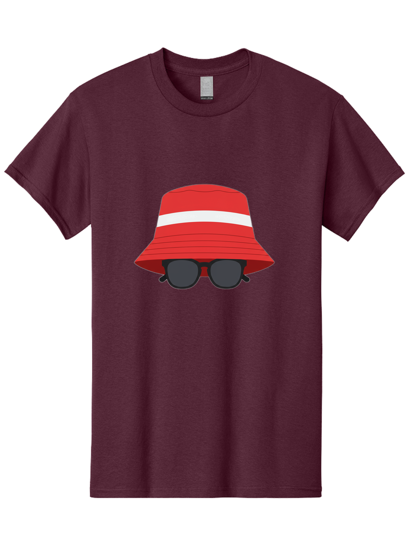 Red-Bucket-Hat-With-Sunglasses Men'S Graphic Tee, 100% Cotton, Comfortable Casual Summer Wear, Machine Washable, Red Bucket Hat, White Stripe, Sunglasses, Summer Fashion, Beachwear, Stylish Accessories, Trendy Outfits, Sunglasses Fashion, Bad483