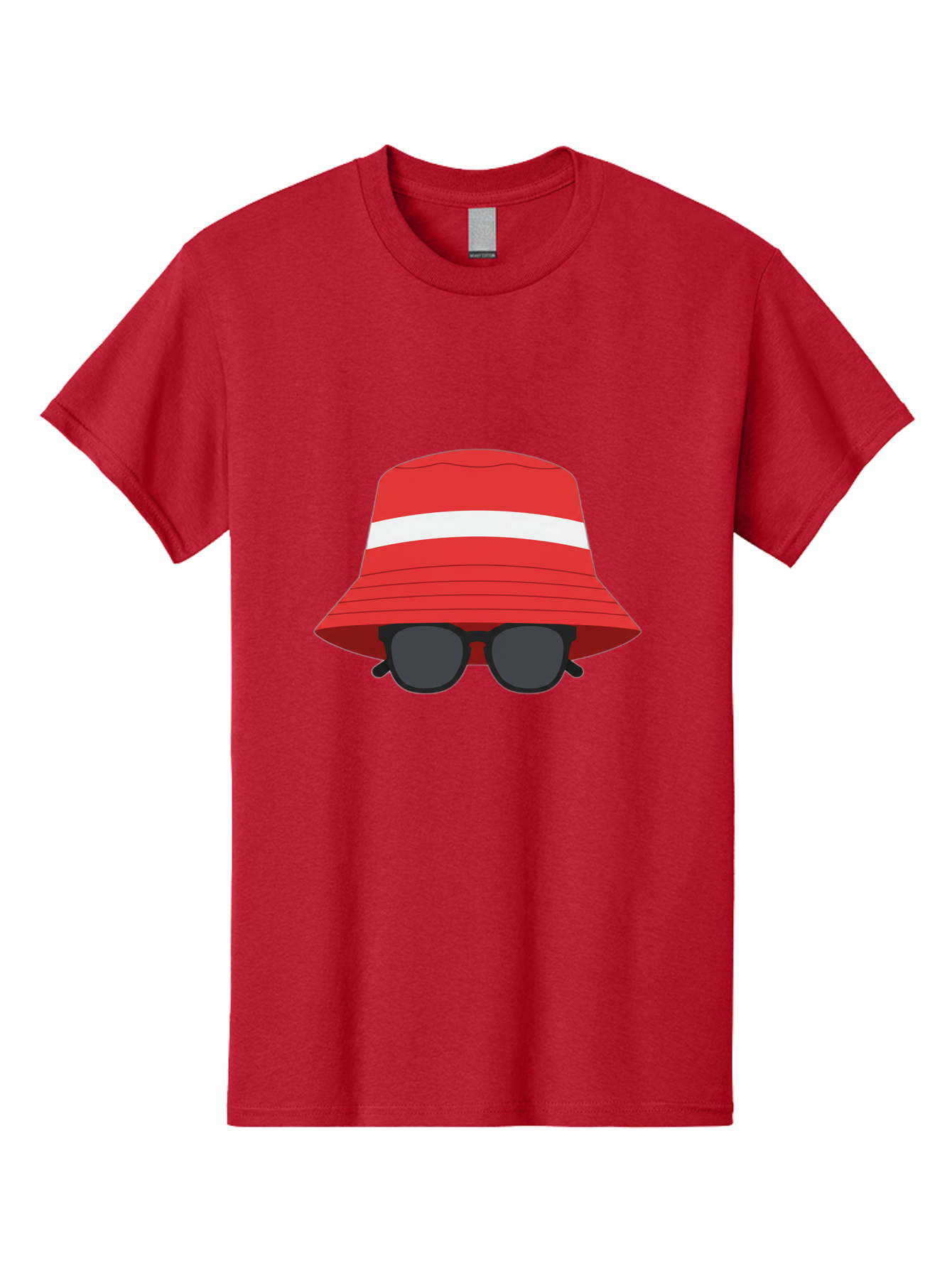 Red-Bucket-Hat-With-Sunglasses Men'S Graphic Tee, 100% Cotton, Comfortable Casual Summer Wear, Machine Washable, Red Bucket Hat, White Stripe, Sunglasses, Summer Fashion, Beachwear, Stylish Accessories, Trendy Outfits, Sunglasses Fashion, Bad483