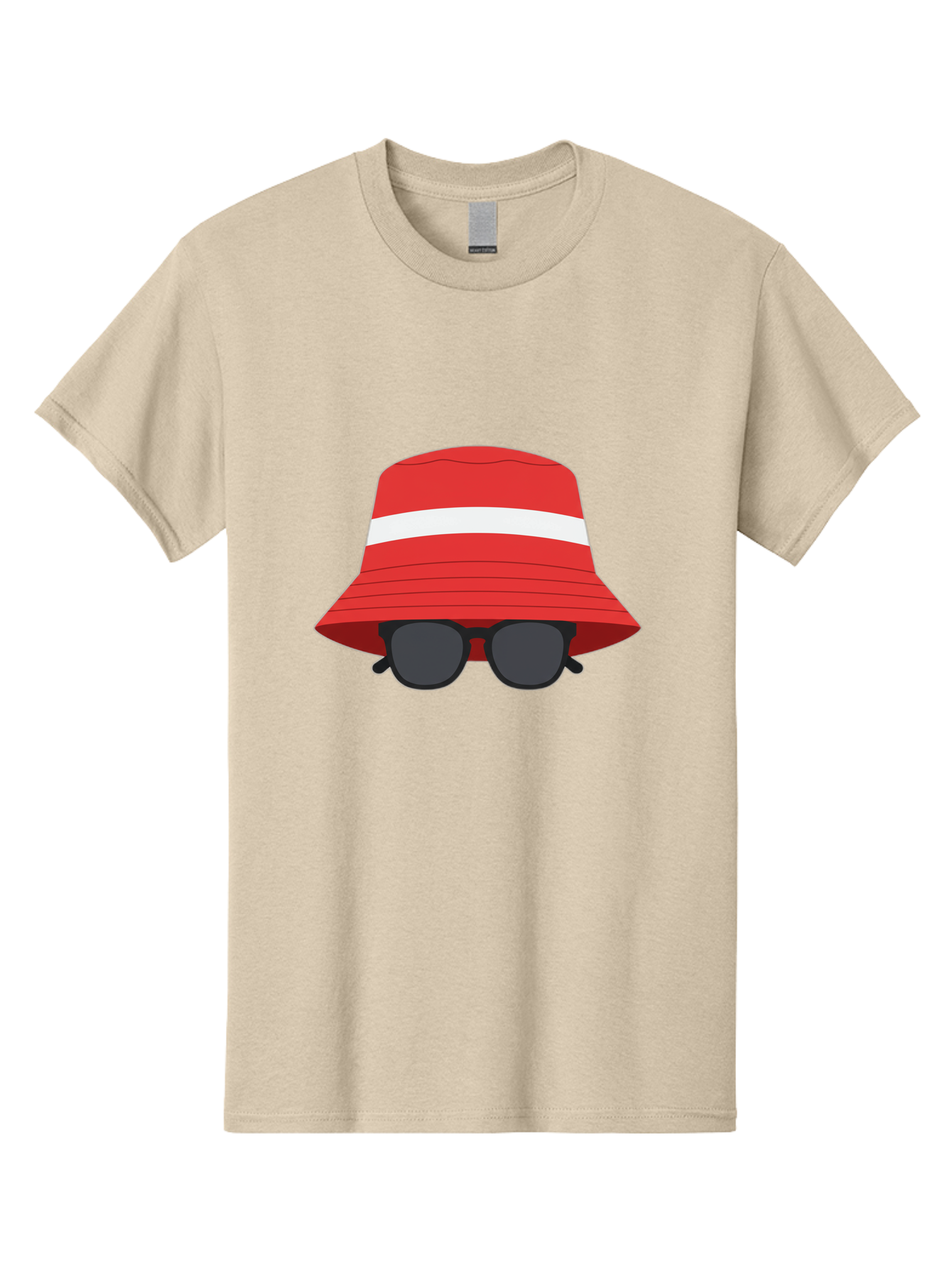 Red-Bucket-Hat-With-Sunglasses Men'S Graphic Tee, 100% Cotton, Comfortable Casual Summer Wear, Machine Washable, Red Bucket Hat, White Stripe, Sunglasses, Summer Fashion, Beachwear, Stylish Accessories, Trendy Outfits, Sunglasses Fashion, Bad483