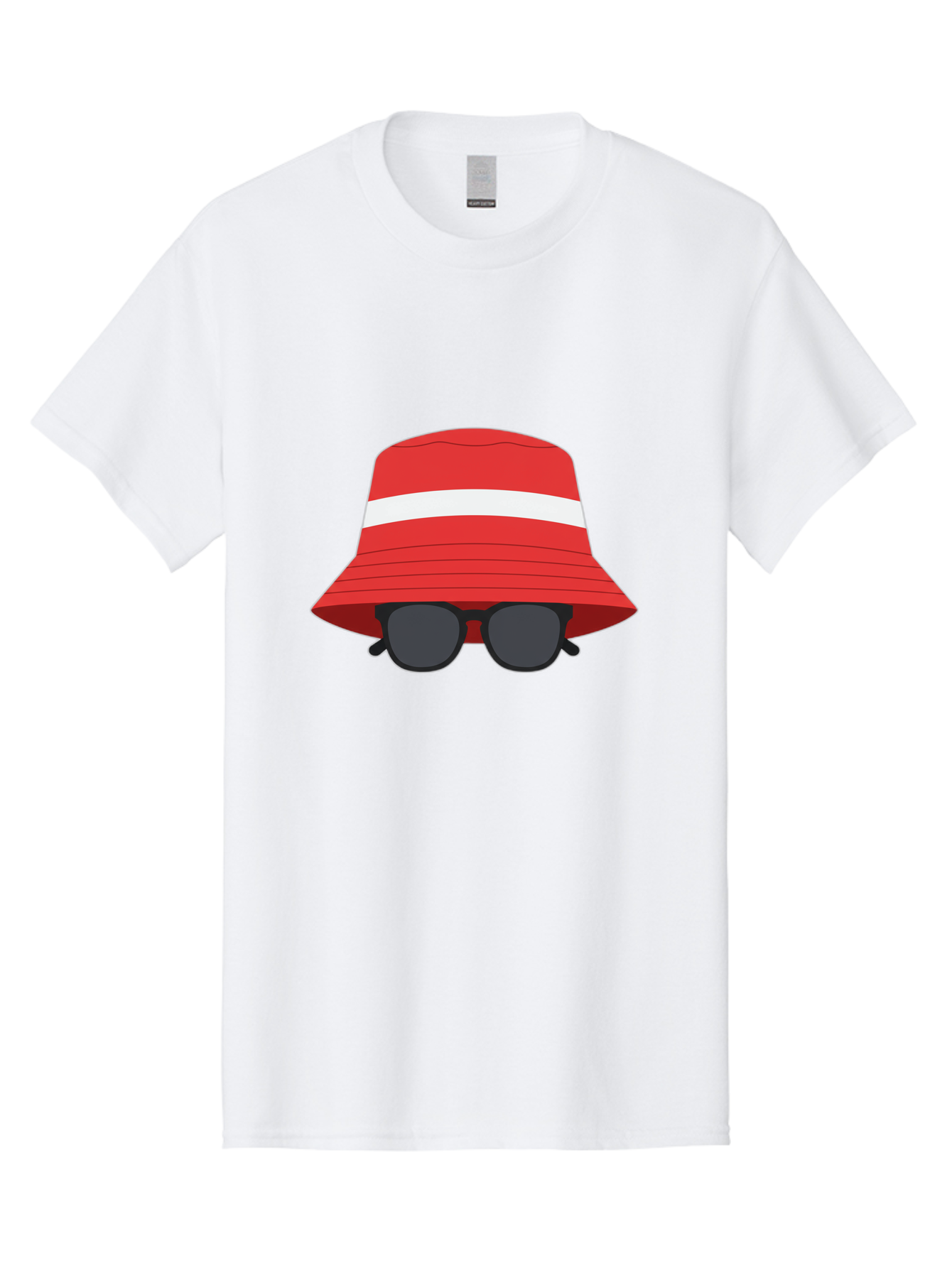 Red-Bucket-Hat-With-Sunglasses Men'S Graphic Tee, 100% Cotton, Comfortable Casual Summer Wear, Machine Washable, Red Bucket Hat, White Stripe, Sunglasses, Summer Fashion, Beachwear, Stylish Accessories, Trendy Outfits, Sunglasses Fashion, Bad483