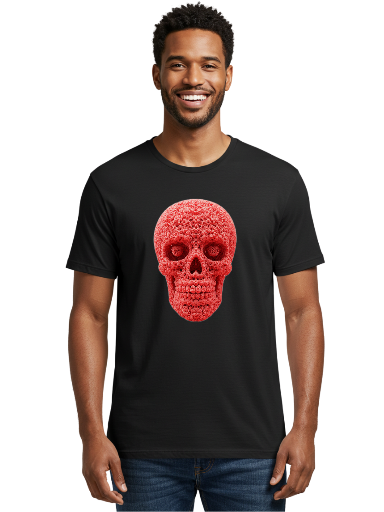 Red-Crochet-Skull Men'S Graphic Tee, 100% Cotton, Comfortable Casual Summer Wear, Machine Washable, Strawberry Skull, Red Fruit, Sugar Skull, Food Art, Creative Dessert, Skull Design, Vibrant Red Color, Unique Food Styling Bad484