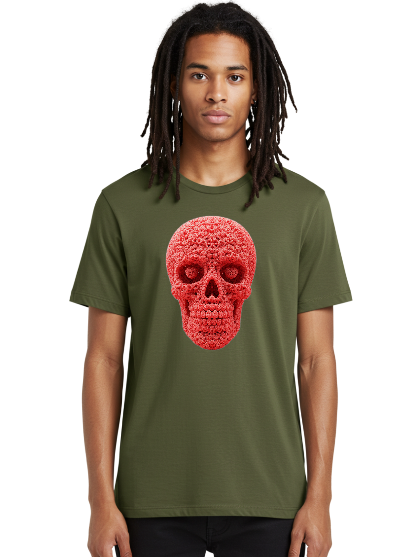 Red-Crochet-Skull Men'S Graphic Tee, 100% Cotton, Comfortable Casual Summer Wear, Machine Washable, Strawberry Skull, Red Fruit, Sugar Skull, Food Art, Creative Dessert, Skull Design, Vibrant Red Color, Unique Food Styling Bad484