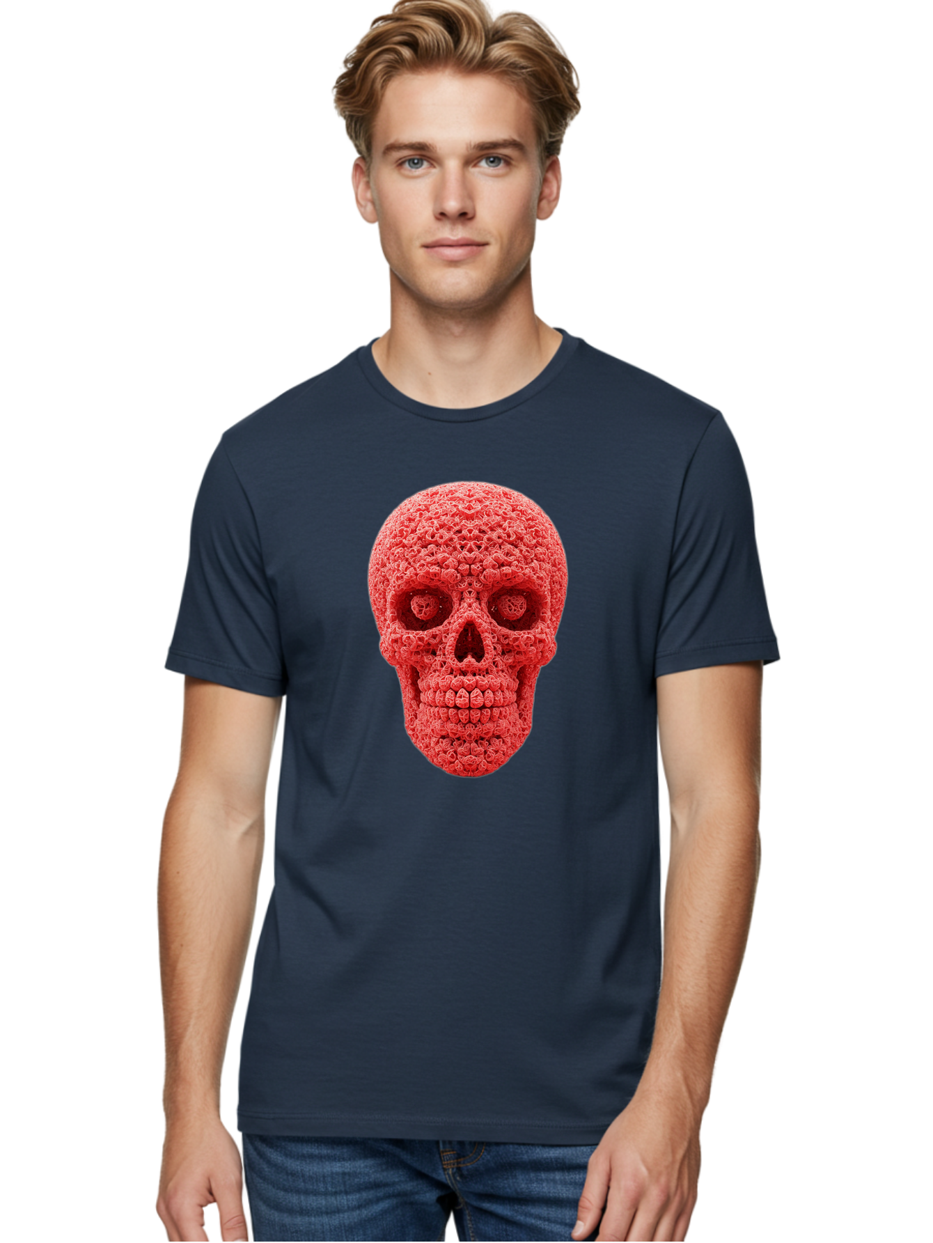 Red-Crochet-Skull Men'S Graphic Tee, 100% Cotton, Comfortable Casual Summer Wear, Machine Washable, Strawberry Skull, Red Fruit, Sugar Skull, Food Art, Creative Dessert, Skull Design, Vibrant Red Color, Unique Food Styling Bad484
