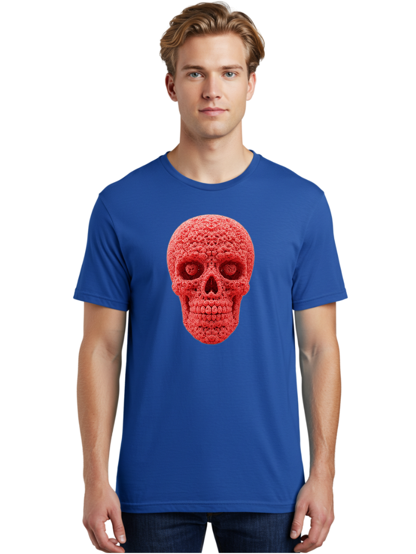 Red-Crochet-Skull Men'S Graphic Tee, 100% Cotton, Comfortable Casual Summer Wear, Machine Washable, Strawberry Skull, Red Fruit, Sugar Skull, Food Art, Creative Dessert, Skull Design, Vibrant Red Color, Unique Food Styling Bad484